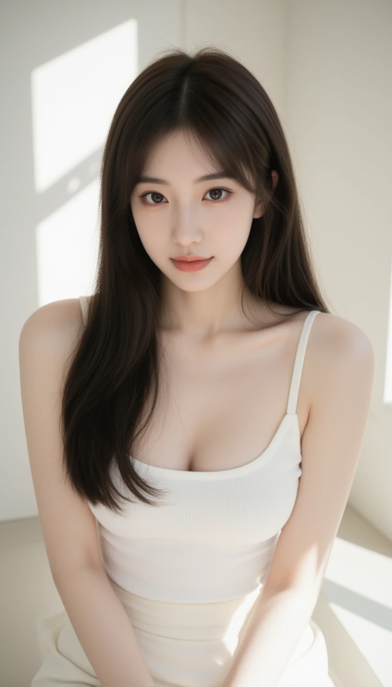 (Leaning forward:1.5), Young Girls。Wearing a V-neck shirt and skirt。A small bulge of her breasts is visible from her chest.。She exudes sexiness with her heavy makeup.。Very small breast growth,　A little bit of her bra is visible on her chest.