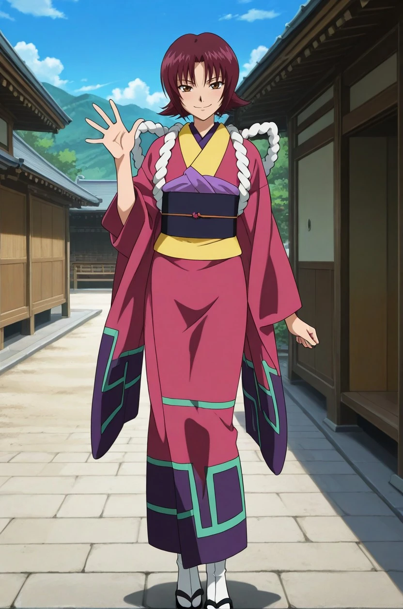 masterpiece, best quality, very aesthetic,
1boy, h0njou_k4matari, femboy, dark red hair, brown eyes, flat ,
looking at viewer, standing, smile, waving one hand to the viewer,
magenta kimono, rope, obi, white tabi, black sandals, ankles,
old japanese village, outdoors,
anime screencap, anime screenshot, , <lora:af408bc0-67dc-4f0c-84d0-650da89808b8:0.9>