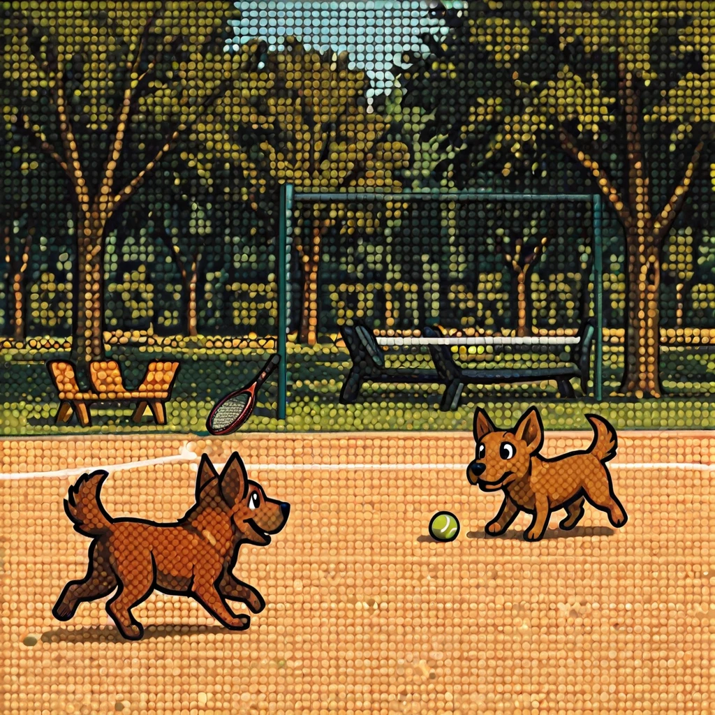 <lora:PVDotMatrix-000009:1.3> pvdotmatrix, red dog, park, trees, tennis ball, running