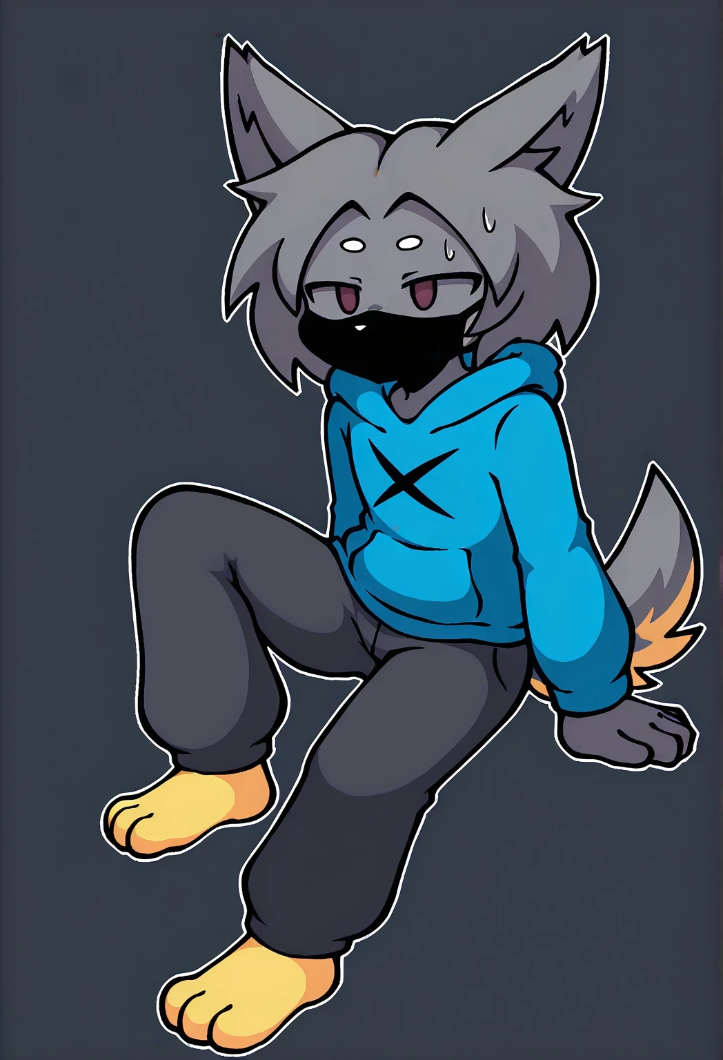 A dark purple Midnight femboy lycanroc wearing a black sweatshirt and a blue diaper and white socks with black stripes and a gold colored dog collar on his neck and with bracelets on his arms and crawling