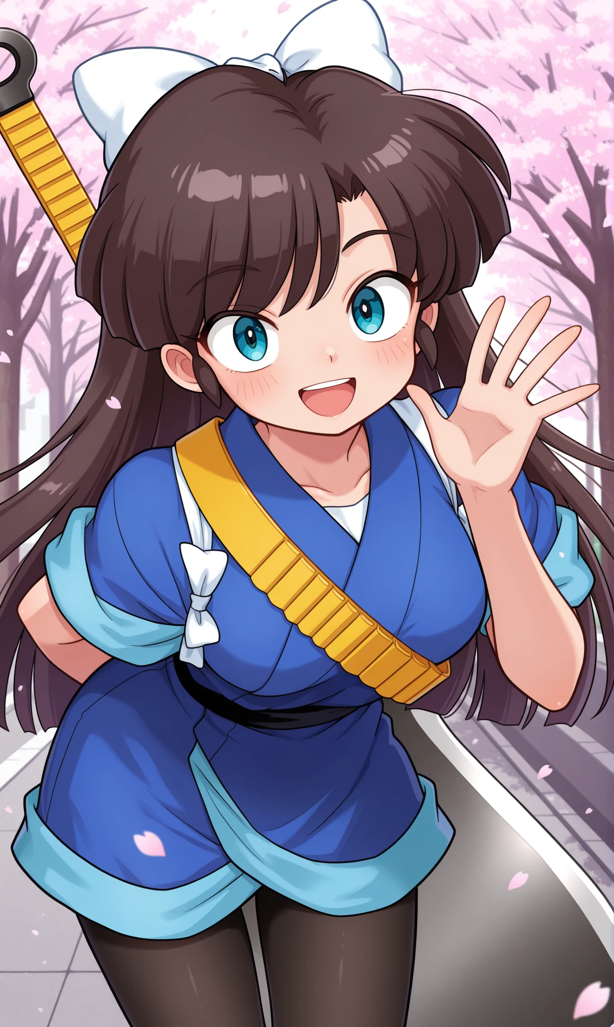 <lora:kuonji_ukyou_illust_scarxzys:1>, kuonji ukyou, blue eyes, bow, hair bow, long hair, blue kimono, japanese clothes, pantyhose, oversized object, weapon, weapon on back, huge weapon,  1girl, solo, masterpiece, best quality, amazing quality, cherry blossoms, street, looking at viewer, close-up, leaning forward, smile, waving