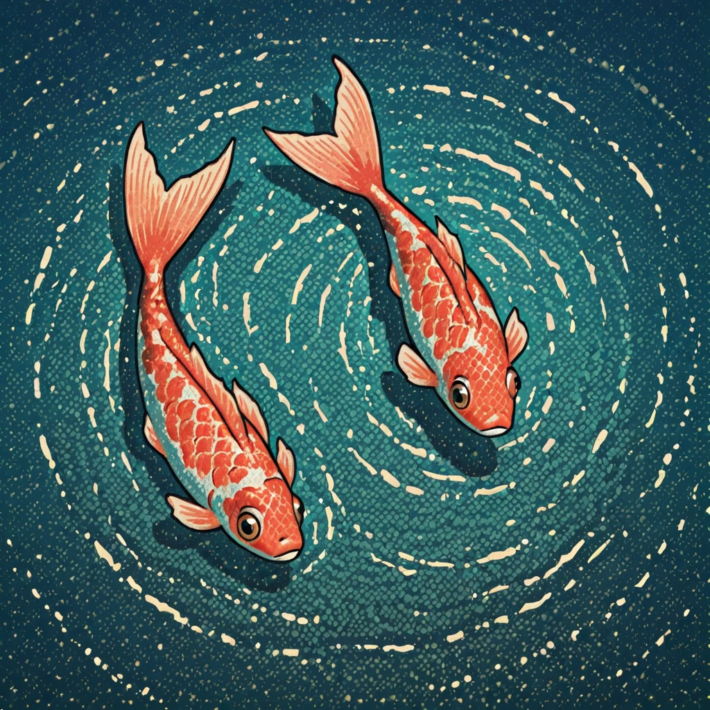 <lora:PVDotMatrix-000009:1.3> pvdotmatrix, koi fish, submerged, swimming, underwater, lake, ripples, from above