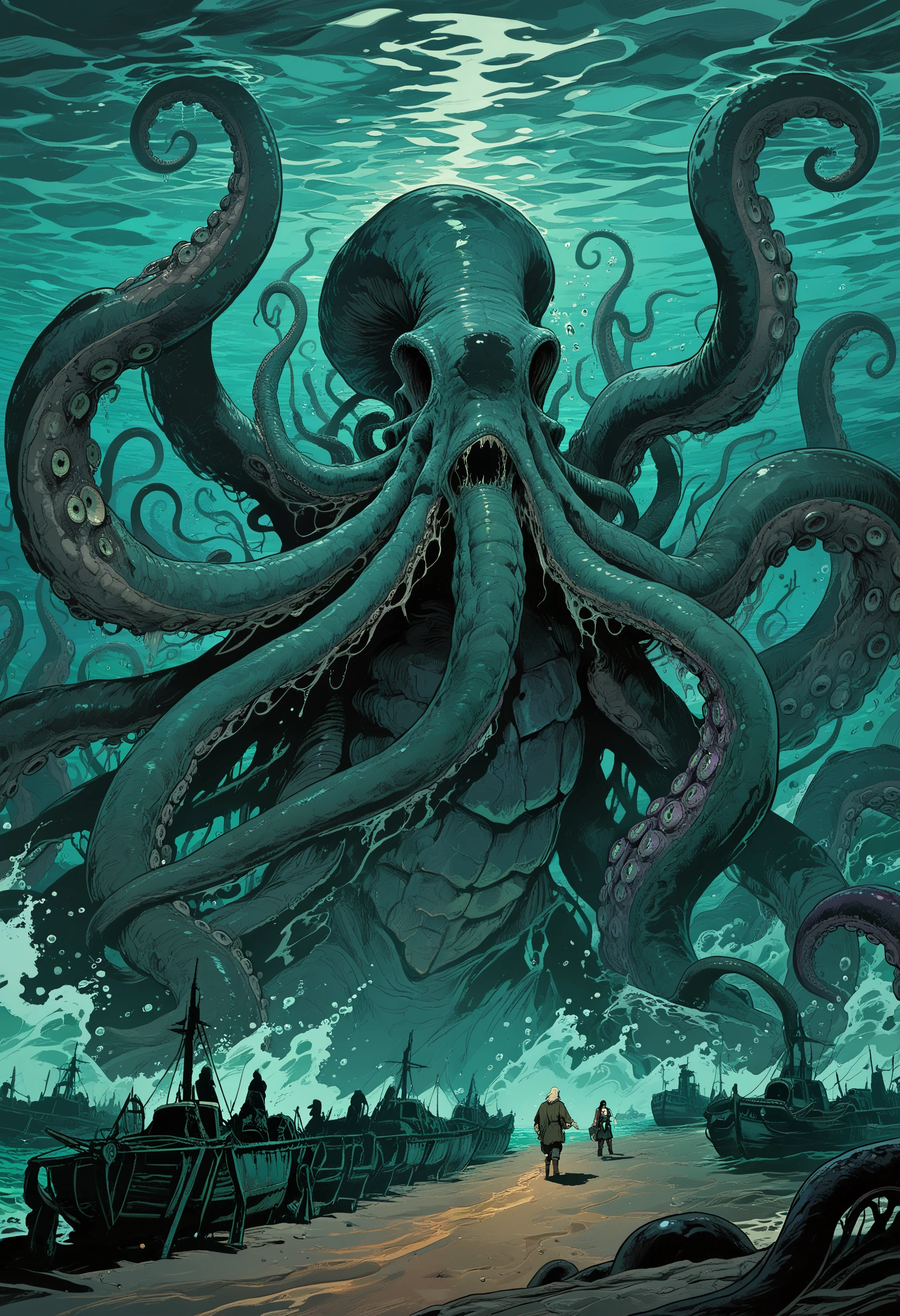 (the ancient cthulhu in the ocean:1.3). monster. ancient atmosphere. swamps color. (sunken ships:1.2). fog. (very dark and scary:1.2). hyper intricate details. (the style of howard lovecraft:1.1). volumetric lighting, grunge. award winning stunning masterpiece. 8k. hyperrealistic artwork style. scary horror vibe. highly detailed. digital painting. artstation, concept art, sharp focus, illustration, art by greg rutkowski and alphonse mucha