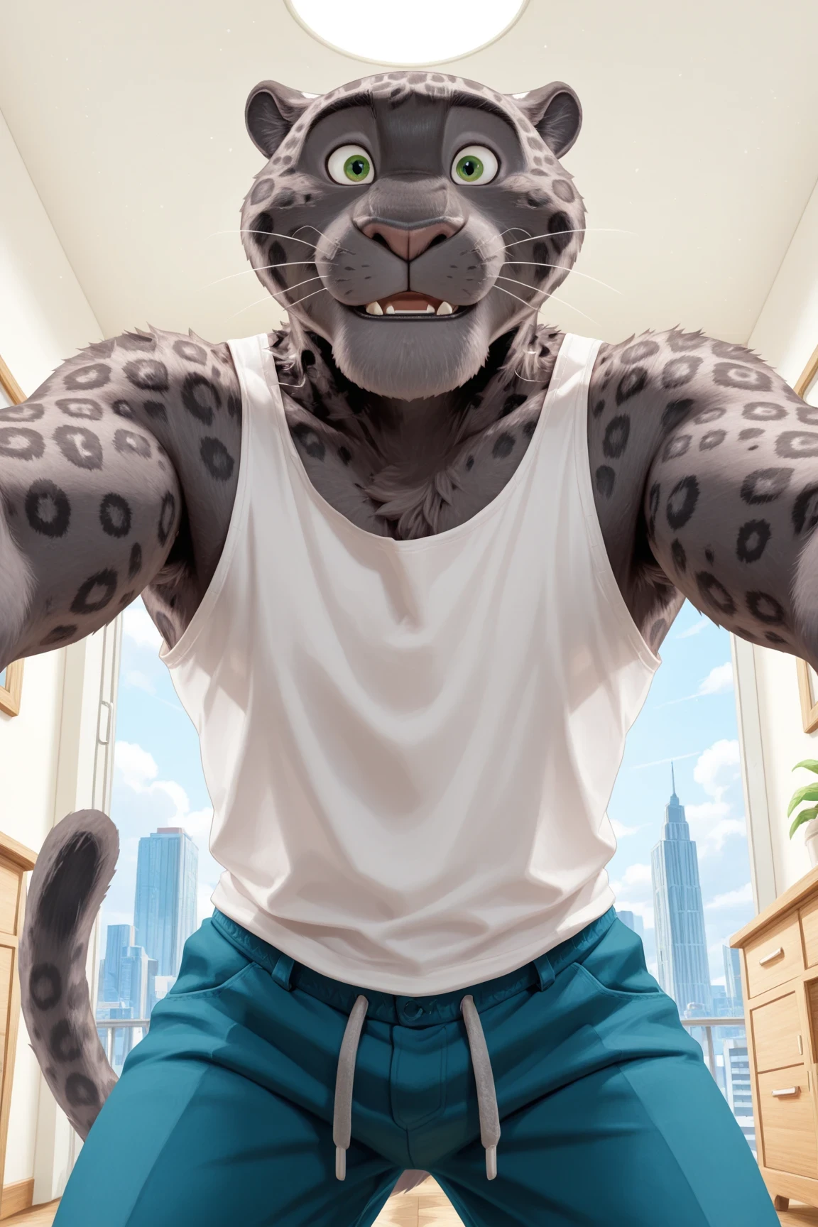 detailed background, detailed fur, cowboy shot, pose, ManchasZtpa, black jaguar, solo, 1boy, adult male,  expression, smile, bedroom eyes, white tank top, blue pants, city skyline background, looking at viewer, dynamic pose, floor to ceiling details, beautiful scenery, detailed eyes, (eyes focus), perfect eyes, big iris, pupils shown, white dot on eye, perfect cartoon animated eyes, visible clear eyes 4k resolution, 8k resolution, best quality, very aesthetic, newest, masterpiece, best quality, amazing quality, very aesthetic, absurdres, newest, high res, ultra detailed, best quality, best artwork, anthro hands, 4k, ultra quality, perfect face, absurdres,masterpiece,best quality,amazing
