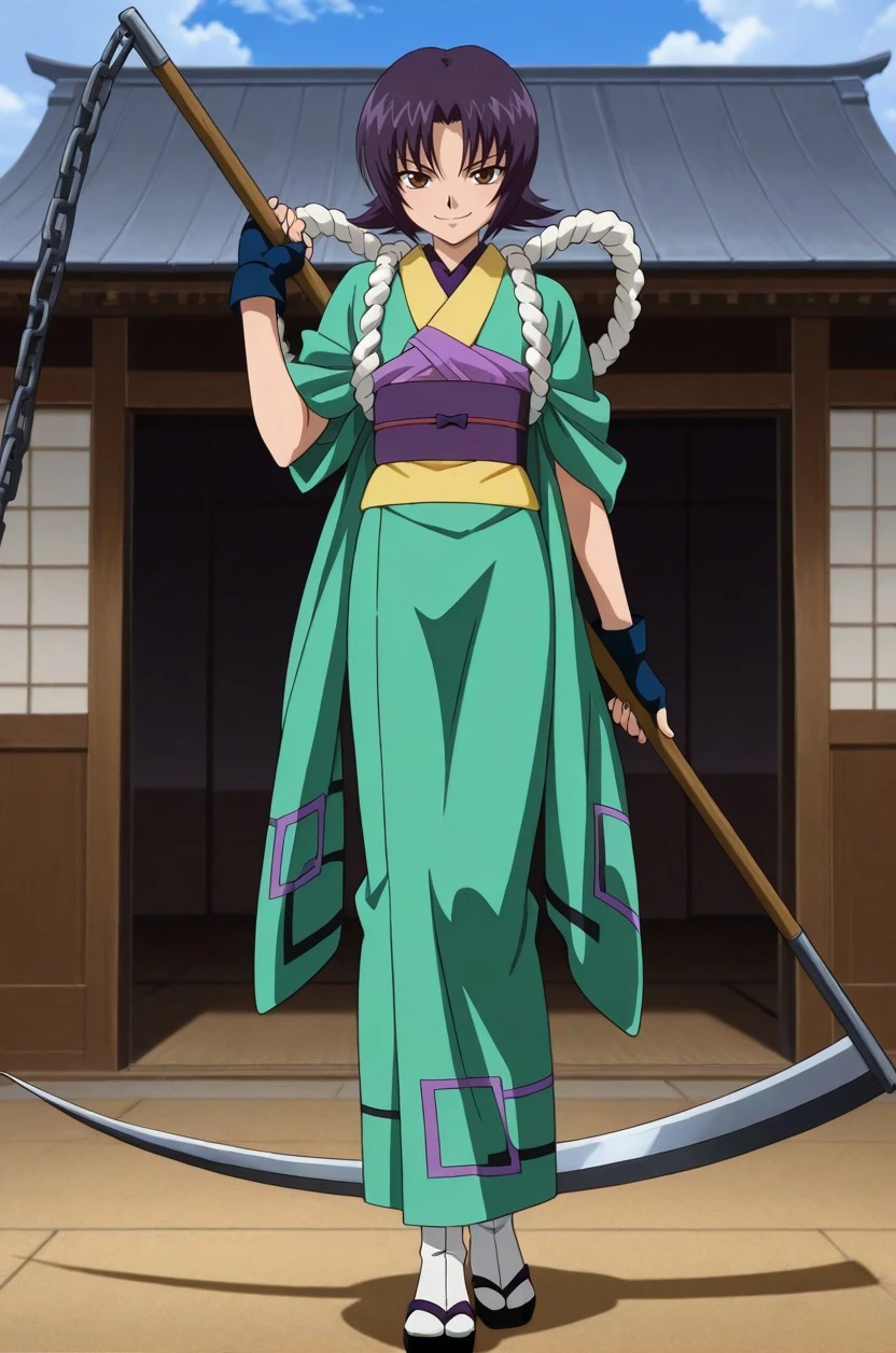 masterpiece, best quality, very aesthetic,
1boy, h0njou_k4matari, femboy, purple hair, brown eyes, flat , ankles, full body,
looking at viewer, standing, smile, holding scythe, chain,
green kimono, rope, obi, fingerless gloves, white tabi, black sandals,
old japanese village, outdoors,
anime screencap, anime screenshot, , <lora:af408bc0-67dc-4f0c-84d0-650da89808b8:0.9>