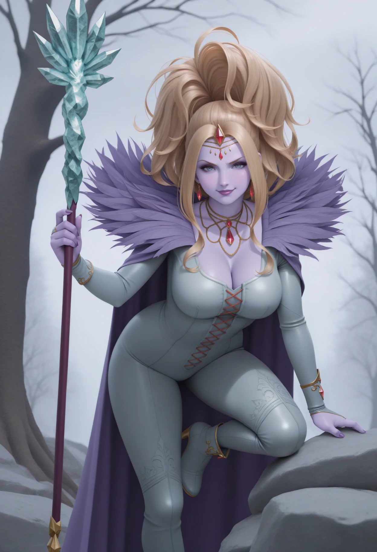 Full body, masterpiece, female drow elf purple skin standing pose, purple cape, purple bikini, long blonde hair, strong body, high heels, swamp background, water surface, daylight, trees, slave female with choker, blindfolded, shackles on legs and arms