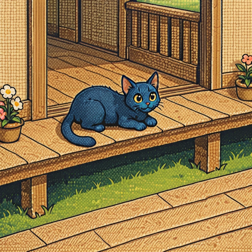 <lora:PVDotMatrix-000009:1.3> pvdotmatrix, blue cat, porch, wood floor, grass, flower