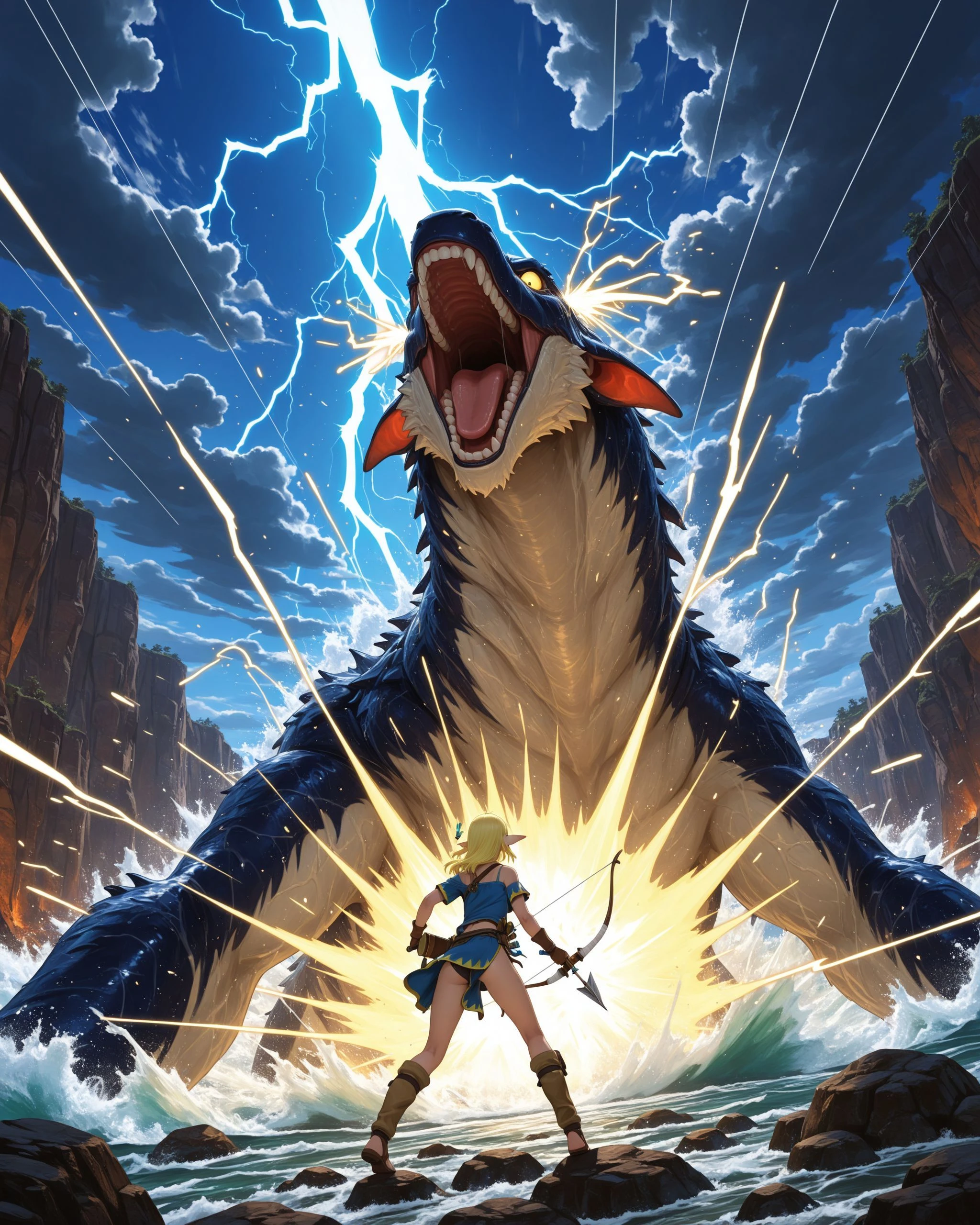 Tuka_Luna_Marceau, (1girl),
long_composite_bow, crackling_lightning_arrow,
stormy_cliff_edge, crashing_waves_below,
rapid_arrow_volley, lightning_trail, speed_lines,
unyielding_courage,
dynamic_lighting, ultra_detailed, masterpiece, action_fantasy, depth_of_field,
masterpiece, best quality, amazing quality ,intricate, detailed, <lora:Tuka_Luna_Marceau_Illustrious:1>