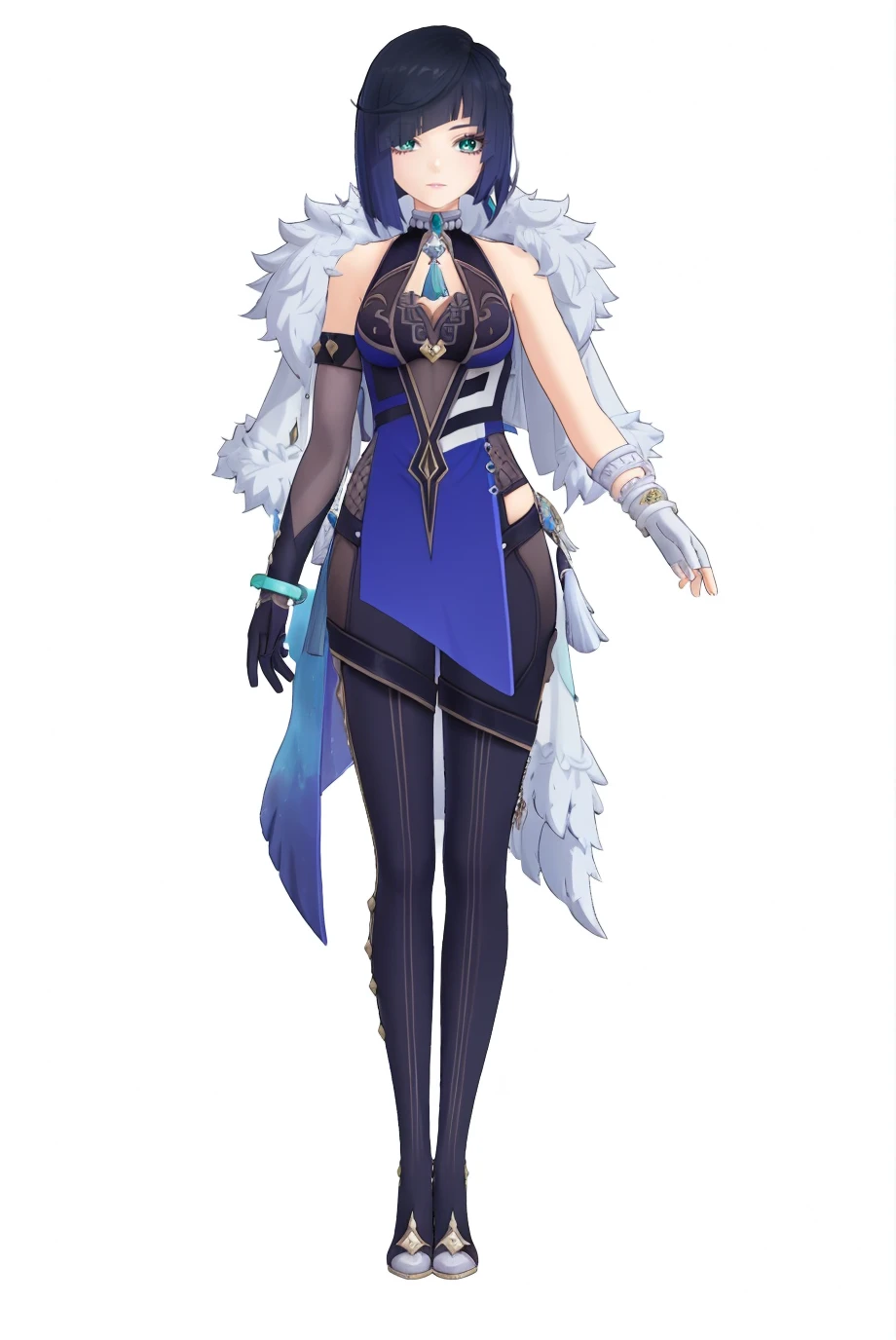 8k,best quality,masterpiece,(ultra-detailed),(high detailed skin),(by nanoless, by misumi \(macaroni\),:0.5),
A full-body portrait of a young girl,standing gracefully,pastel art style,high-key lighting,shoujo manga influence,hd quality,delicate details,
full body,full shot,standing,looking at viewer,(solo:1.2),simple background,(white background:1.2),
<lora:yela_new-sd-Tanger:0.8>,
yelan \(genshin impact\), clothes: yelan def blue-and-black , asymmetrical skirt panel, tassel decoration, yelandef fur-trimmed capelet, mismatched gloves, 1girl, bangs, jewelry, bracelet, elbow gloves, short hair, blue hair, fur trim, green eyes,