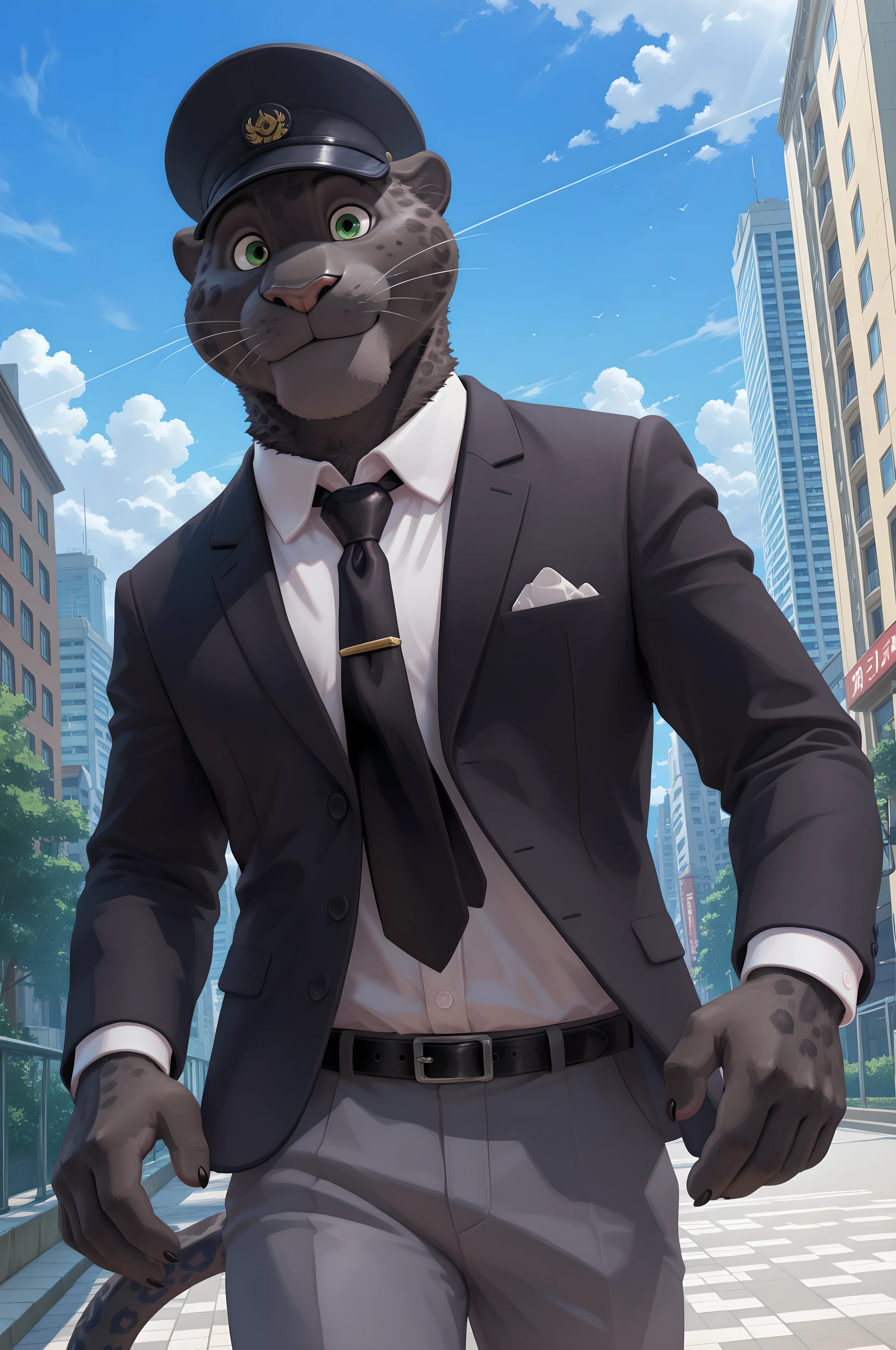 detailed background, detailed fur, cowboy shot, ManchasZtpa, black jaguar, tail, white dress shirt, black suit jacket, black formal cap, black tie, gray pants, solo, 1boy, adult male, smile, bedroom eyes, outdoors, city scenery, sunny day, blue sky, clouds, looking at viewer, dynamic pose, beautiful scenery, accurate lighting, detailed eyes, (eyes focus), perfect eyes, big iris, pupils shown, white dot on eye, perfect cartoon animated eyes, visible clear eyes 4k resolution, 8k resolution, best quality, very aesthetic, newest, masterpiece, best quality, amazing quality, very aesthetic, absurdres, newest, high res, ultra detailed, best quality, best artwork, anthro hands, 4k, ultra quality, perfect face, absurdres,masterpiece,best quality,amazing