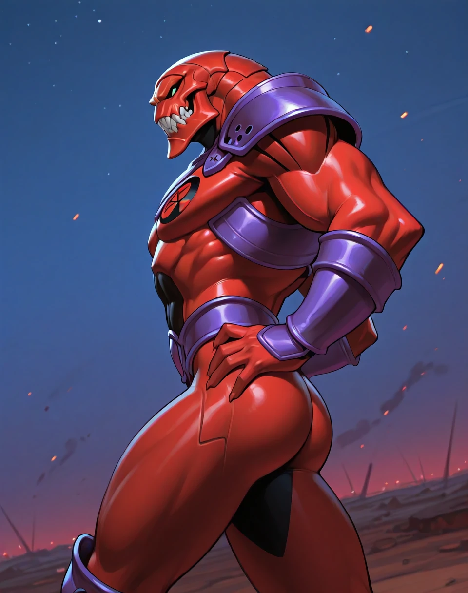 cartoon alien with an unusually muscular body, claws and a red body, celshade, guyver style,