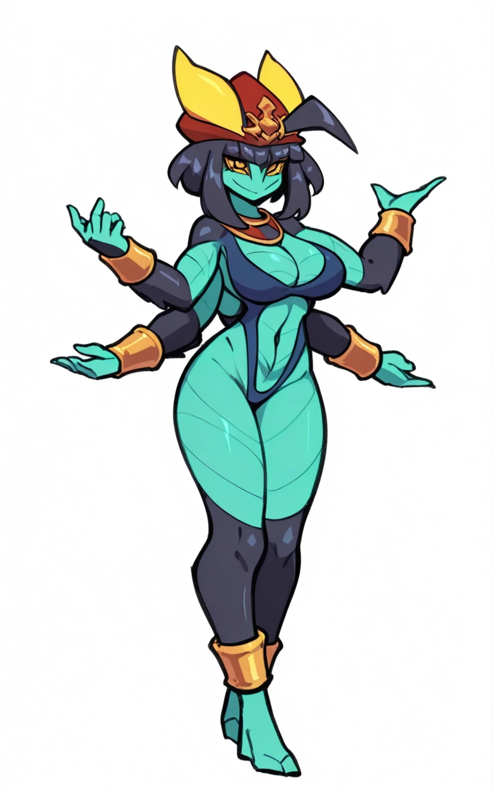 (masterpiece, best quality:1.2),1 girl, voluptuous body, full body, masterpiece, dominant pose, good anatomy, no extra limbs, big ass, thick thighs,  pointy ears, gold earrings,  details, gold necklaces