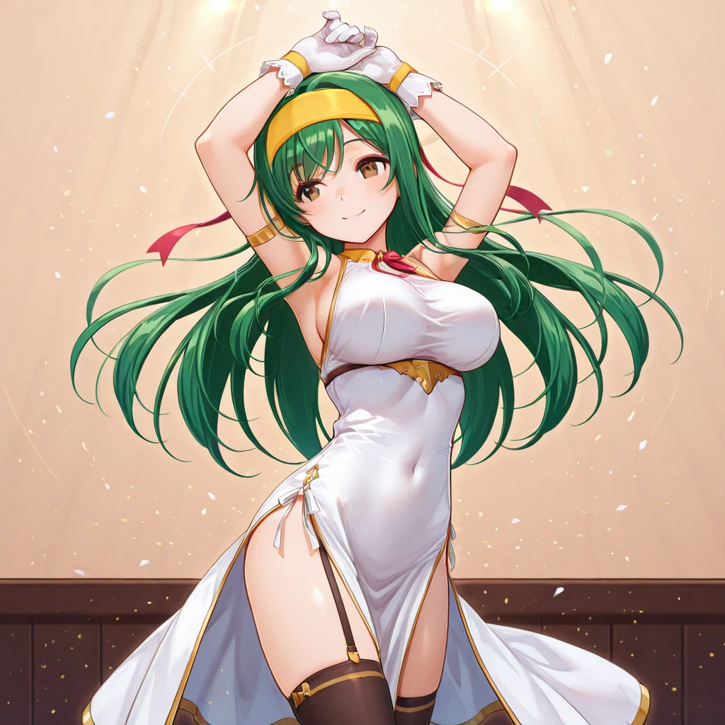(girl1),(woman1),(Solo portrait of a girl:1,5),(slender body),(structured),(hot),(mature and sexual body),(big ass), (mature and sexual body ), (slender body), (physical attributes such as large breasts and ass), (anime), (white skin color), (super mega hyper gigantic breasts: 1.5), (with long green hair), (green eyes ),(an 18 year old woman, with white socks),(wearing),+,(and a sexy dress, dressed in a heroine costume consisting of a white sleeveless jumpsuit with a super short white skirt that is tight and straight at the back front and straight at the back breast size, they are size AA+),(Super short skirt:1.5)
