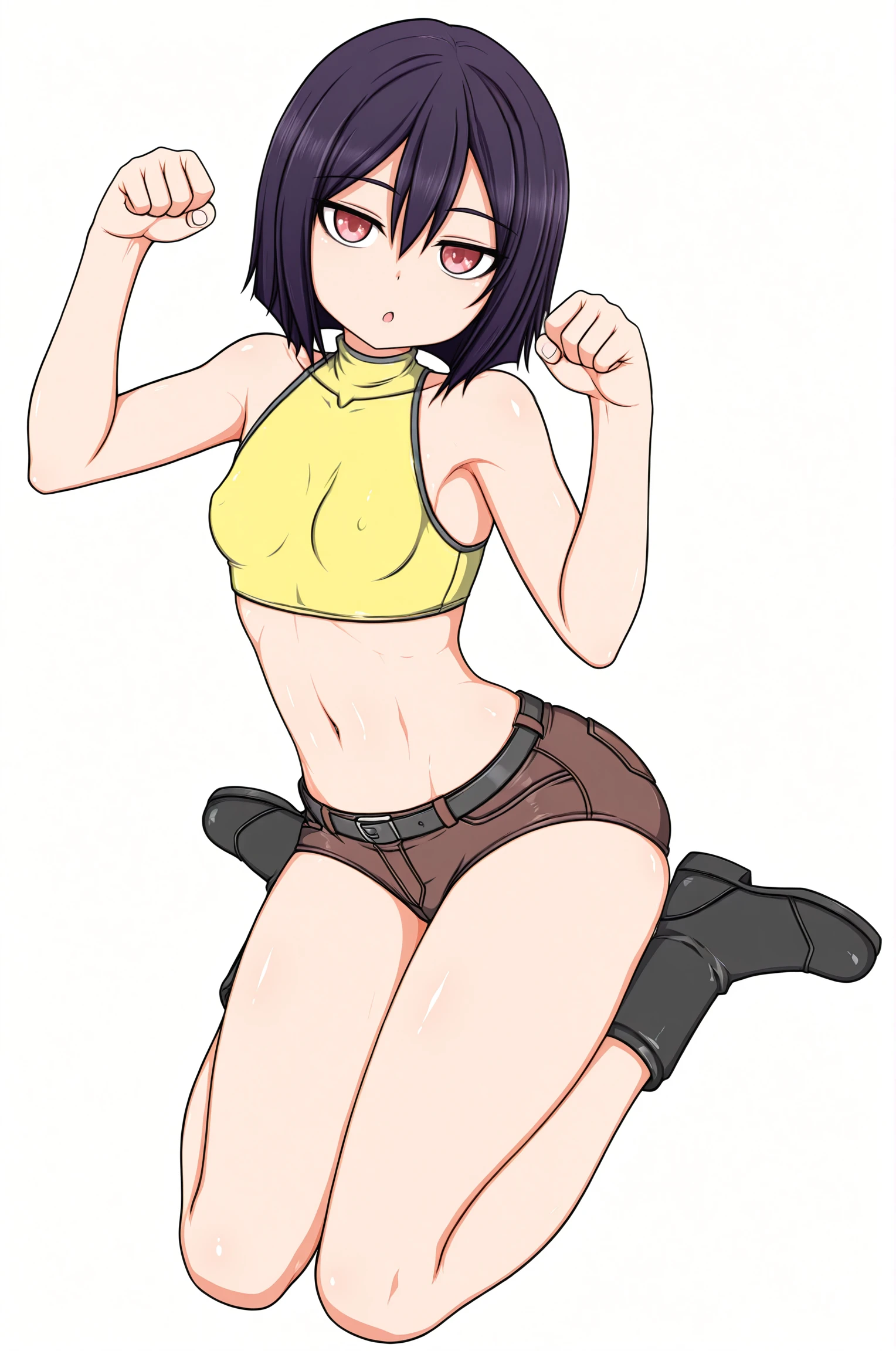 (Perfect body),Best Quality,(8K Portrait),(Official art)、(NSFW)、(((muscular)))、embarrassed from、1girl in,(:o)、One eye is closed、Mouth open、(((thick thighs)))、(((blush))),(Sweat),(large udder)、(((big butts)))、((Dark hair)),((bob cuts)),Short hair,Blunt bangs、 (Yellow eyes),(((ripped clothing)))、Navy blue leotard、Police Hat、Black knee socks、((white boots))、Lying on the ground、Armpits、((On the street at night))、spreading legs