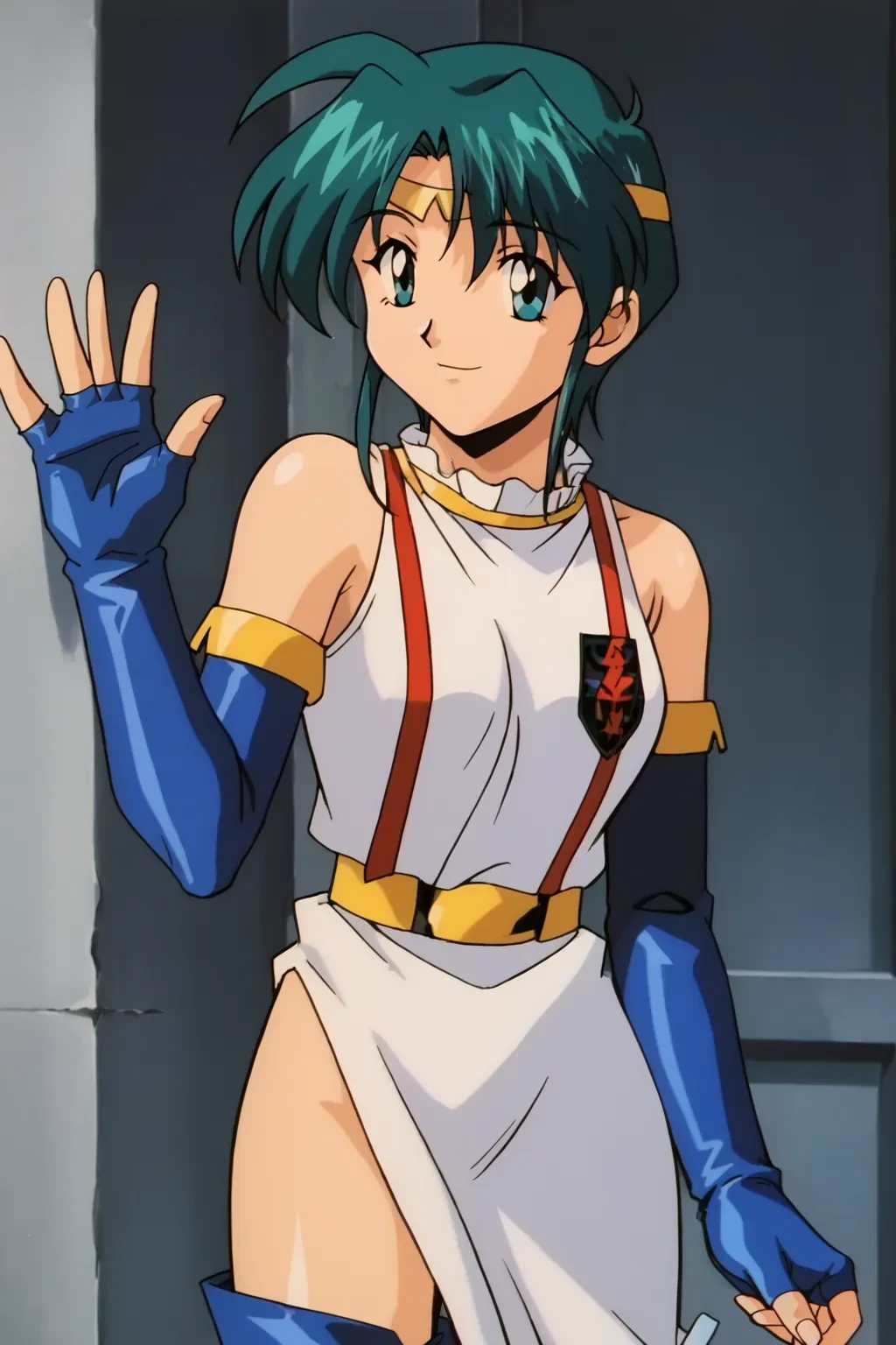 ((masterpiece,best quality)), absurdres, Steel_Angel_Karinka, forehead mark, solo, hand on hips, smug, (wide hips:1), curvy,