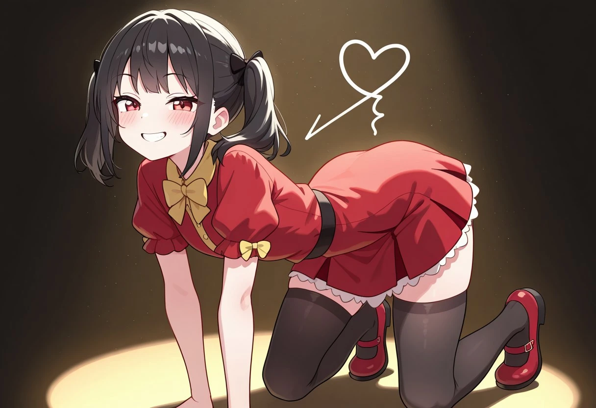 ((masterpiece, best quality)),high resolution, highly detailed, detailed background,8k,16k,perfect lighting,detailed beautiful eyes,1girl,solo,embarrassed,blush,look at viewer,steam,sweat, show off pussy, bottomless,standing,(cowboy shot,from front),from below,skirt lift,spoken heart,seductive smile,open mouth,(slender:1.2),fu tao,twintail,(flat chest:1.2),(flower shaped pupils:1.3),short stature,over size head,(sleeveless onepiece,sky,summer),