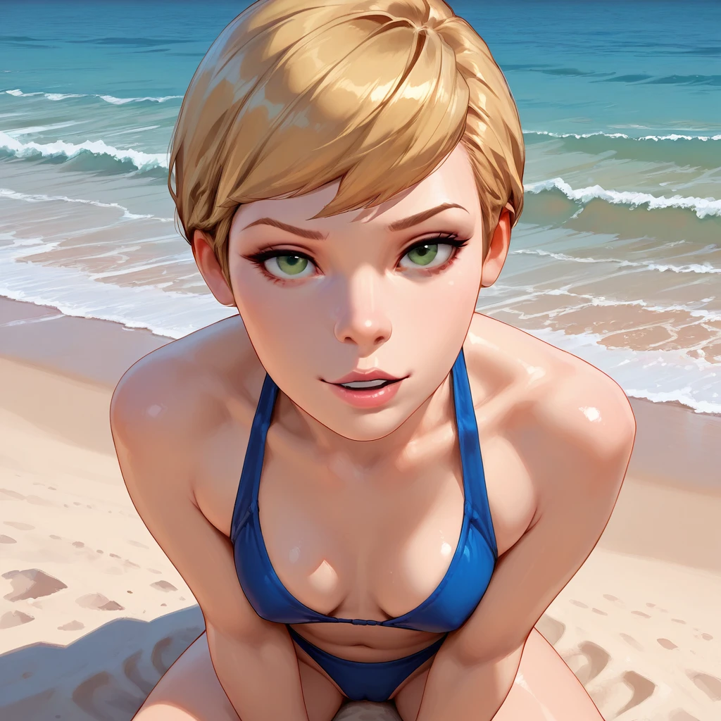 Realistic, realismo, fotorrealismoo, photo-realistic, alto contraste, (fotorrealista:1.4), (figura feminina perfeita), 8k high definition detailed realistic, (best quality, master part:1.2), photon maping, radiosidade, Physically-based rendering, best quality, altamente detalhado, 1girl, ao ar livre, Capuz, topless, ((nude)), angry, small essy hair)))), ((blushing)) 1girl, Sgwen is wearing a slutty microbikini. Solo, looking at viewer, short hair, blue eyes, blonde hair, parted lips, teeth, medium breast, swim suit, lingerie, beach, realistic, eyebrow piercing, all fours, doggy style position, nsfw, huge ass