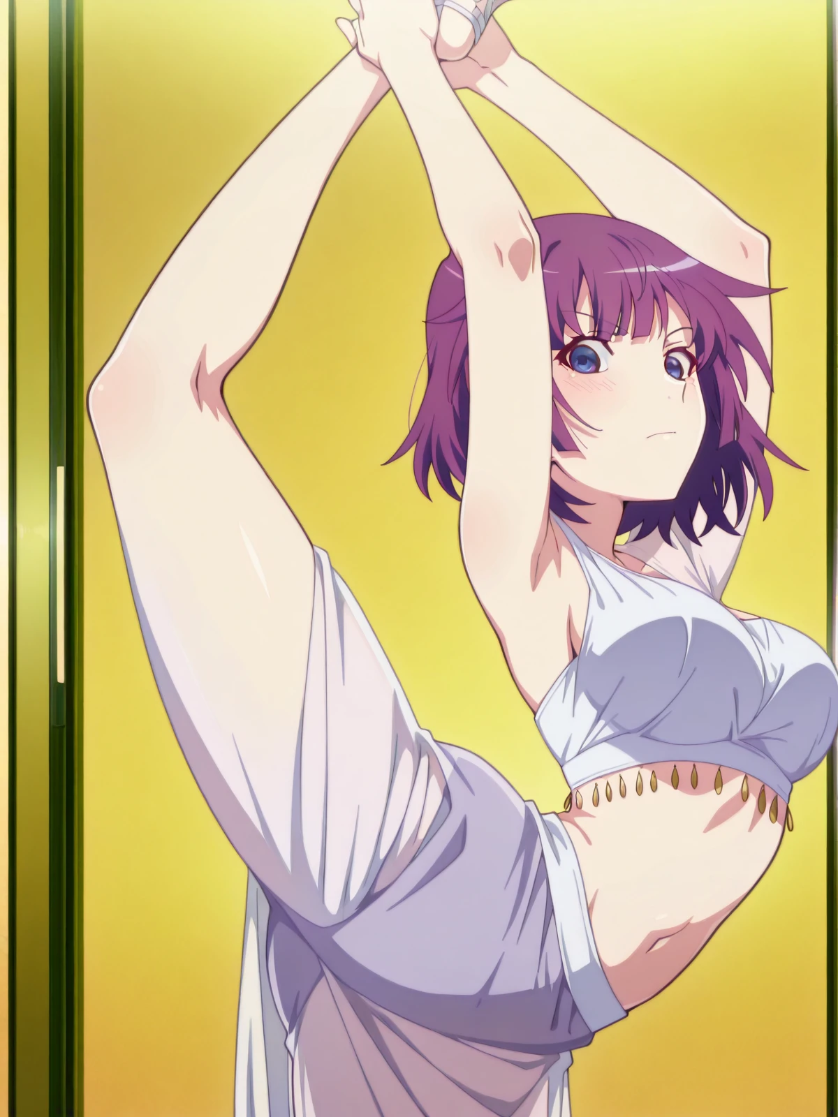 masterpiece, high quality, 8k, Beautiful lighting,sunny day, 1 girl, alone, Miyako Shikimori, ,((White tank top)),,(See-through clothing), Sweat,(White lace panties),(Grey mini skirt),(Panty shot), ((Belly details)),(slender thighs), Detailed navel, blush,Legs closed, Medium chest,,Lie on the classroom floor,White lace panties