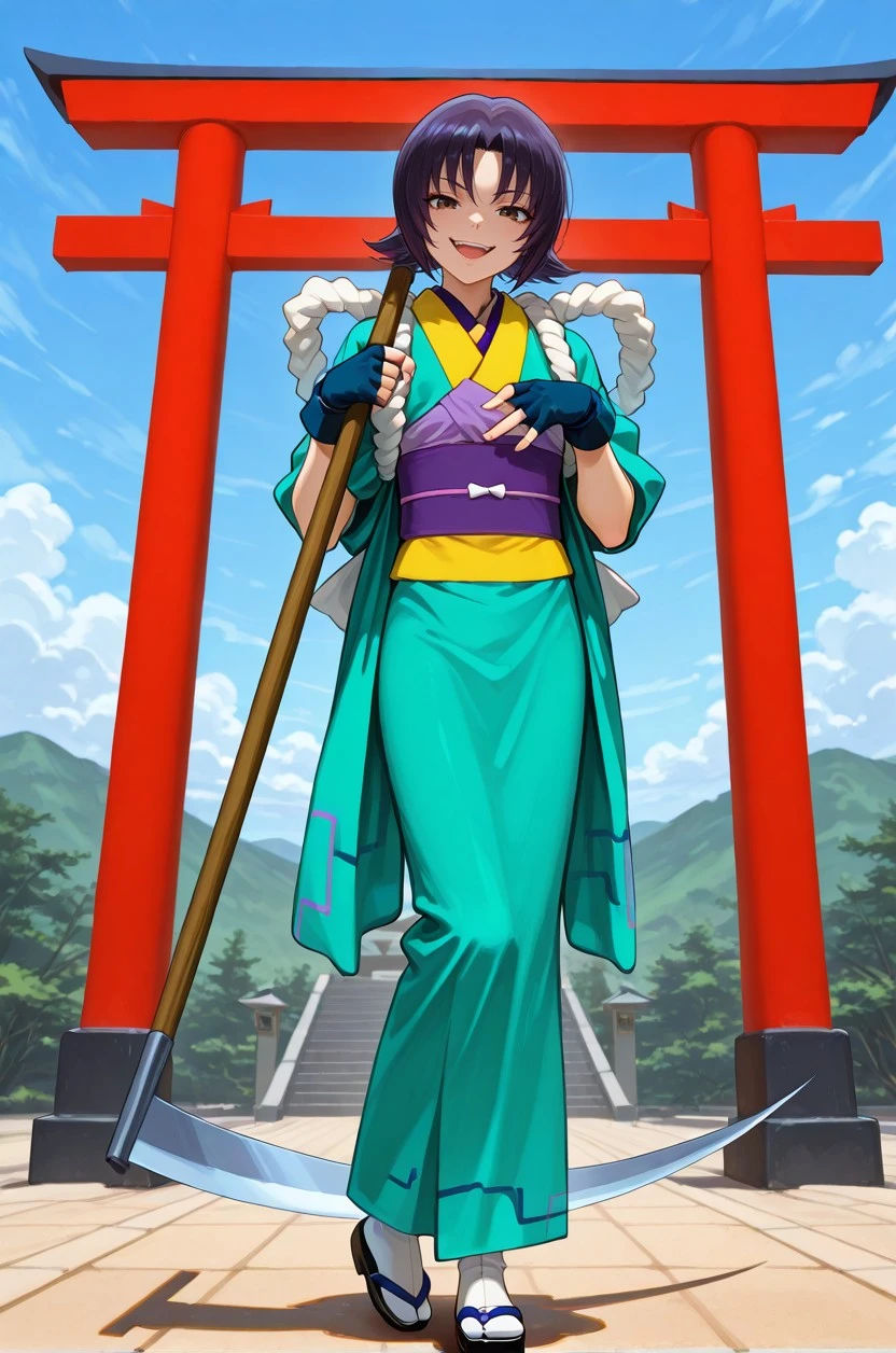masterpiece, best quality, very aesthetic, 
1boy, (h0njou_k4matari), femboy, purple hair, brown eyes, flat chest, male chest, full body, 
looking at viewer, standing, naughty smile, open mouth, holding a scythe, 
kimono, rope, sash, obi, fingerless gloves, white tabi, black sandals, chains, 
outdoors, torii gate, perfect_hands, , <lora:af408bc0-67dc-4f0c-84d0-650da89808b8:1.1>, <lora:6a294e2b-52f2-4437-a5f6-2a5f678338b3:0.9>, <lora:3daaadf7-d7ed-425b-b458-063b7752b59f:0.9>