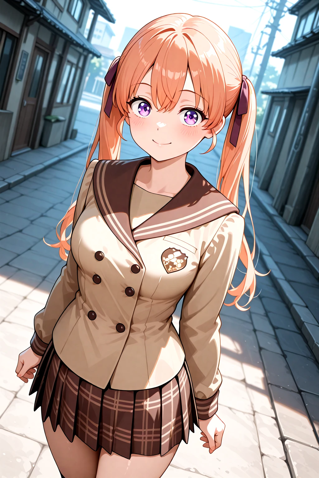 masterpiece, best quality, amazing quality, 1girl, solo, makeup, general, cowboy shot, looking at viewer, blush, dramatic angle, smile, street, <lora:Erika_Amano_Kakkou:1>, Erika_Amano_Kakkou, purple eyes, long hair, orange hair, twintails, hair ribbon, hair between eyes, , school uniform, serafuku, brown sailor collar, double-breasted, long sleeves, ribbon, brown jacket, shirt, pleated skirt, plaid skirt, brown skirt, miniskirt, kneehighs, black socks, brown footwear, loafers, <lora:wai-A3-V140:1>, <lora:illustrious_noobai_epsilon_pred_1_masterpieces_v1:1>