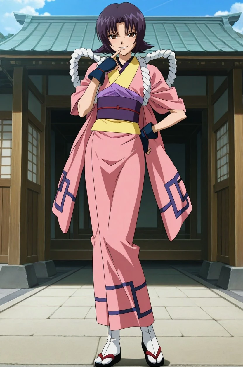 masterpiece, best quality, very aesthetic, 
1boy, h0njou_k4matari, femboy, purple hair, brown eyes, flat , ankles, full body, 
looking at viewer, standing,  smile, one hand on hip, finger on lips, 
pink kimono, rope, obi, fingerless gloves, white tabi, black sandals, 
old japanese village, outdoors,
anime screencap, anime screenshot, , <lora:af408bc0-67dc-4f0c-84d0-650da89808b8:0.9>