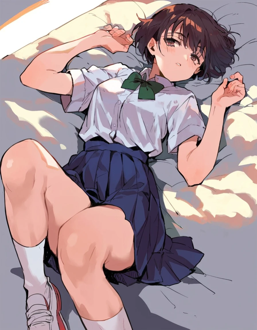 (masterpiece, Highest quality), (High resolution, detailed,retina),Fine grain、Anatomically correct,Accurate drawing,detailed図,Sense of luxury, anime, kodachi kuno, Flat Shading, break, alone: 1.2, (Brown short-sleeved school uniform: 1.5), Baggy tops:1.2, (Side Tail、Disheveled Hair, Voluminous Hair), (Beautiful thighs: 1.0), Sleep on your back, Pink tones bedroom, morning, like, Big Breasts、Large Breasts、Broad shoulders、I can see your belly button、Dark Eyes、White knee-high socks、Spread your legs、Skirt flipped up、White panties、Angle from directly above,One Girl