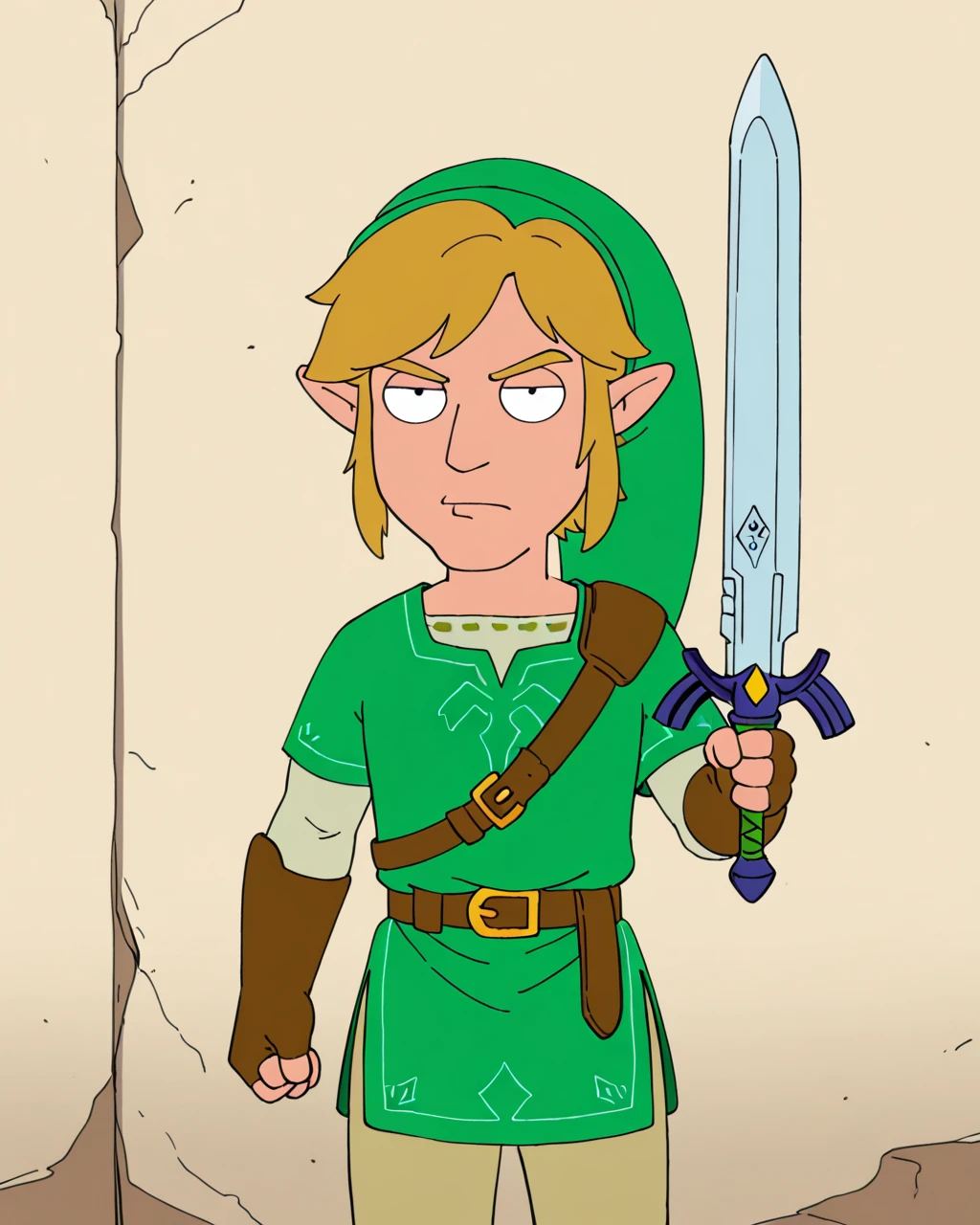 1guy, legend of zelda, elf ears, blonde, green tunic, hat, knife, treasure chest, <lora:mauricio_de_souza:0.75>