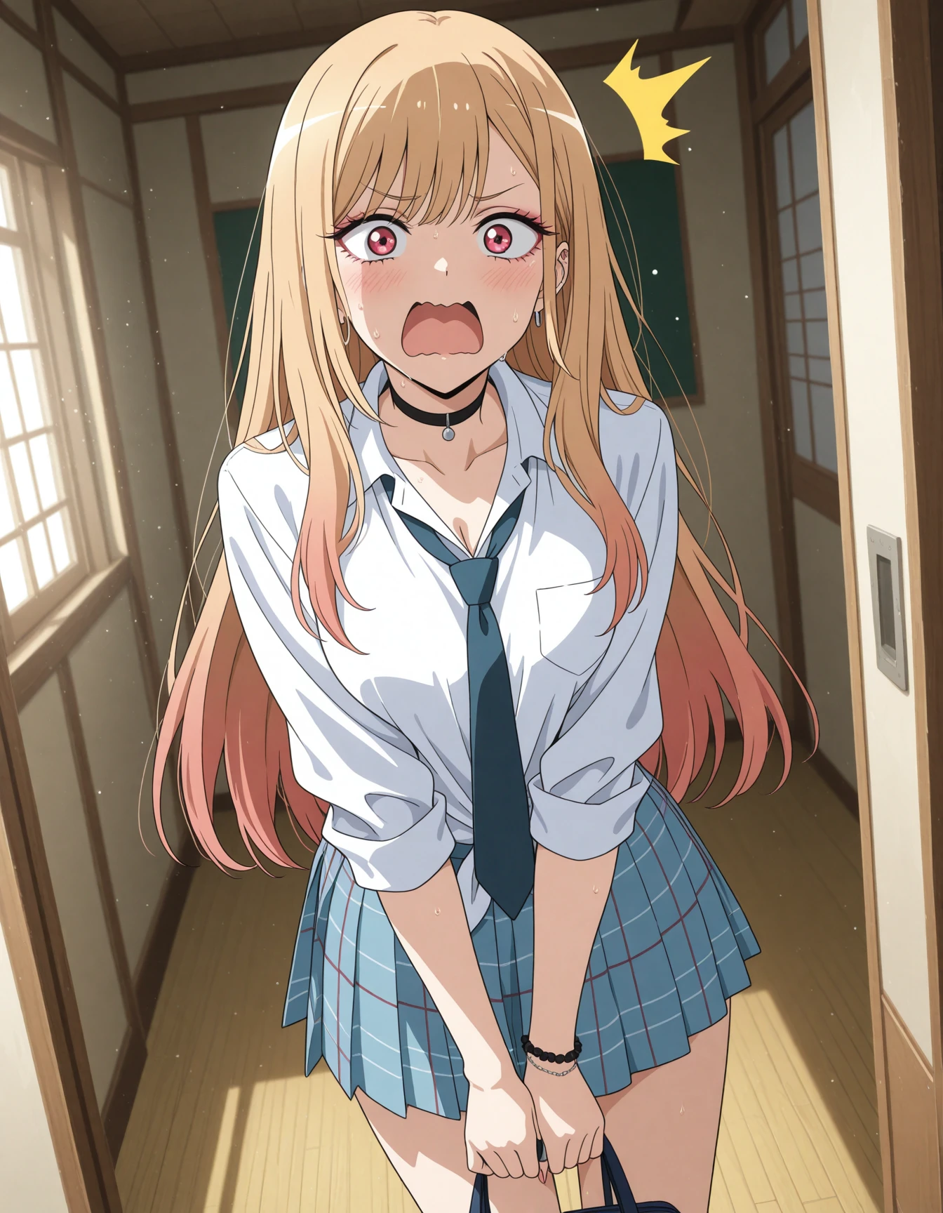 masterpiece, best quality, newest, absurdres, highres,anime screenshot,anime coloring,light particles,dappled sunlight, dutch angle,
1girl, kitagawa marin, sono bisque doll wa koi wo suru,red eyes,makeup,(school uniform,skirt:1.2),collared shirt,necktie,
looking at viewer,wavy mouth, open mouth,scream,large mouth,wide mouth,sweat, ^^^,