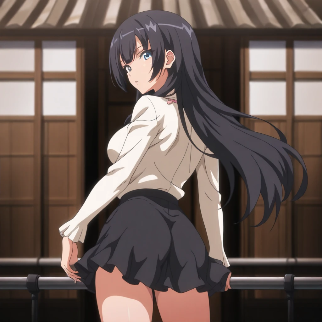 ((masterpiece, best quality, high resolution, UHD, pixel perfect, depth of field, 8k, RTX, HDR))cowboy shot, BREAK, 1girl, single, alone, beautiful anime girl, beautiful art style, anime character, ((style of Akame Ga Kill!)),((long hair, black hair)), (purple:1.4, round eyes, beautiful eyelashes, realistic eyes), black panties, big teats 1.7, with cleavage, nipples, neckline, blushing, wearsa red plaid pleated miniskirt, miniskirt fluttering in the wind, white shirt, black bra, wearing a black choker, in a garden with a sun day, sexy pose.