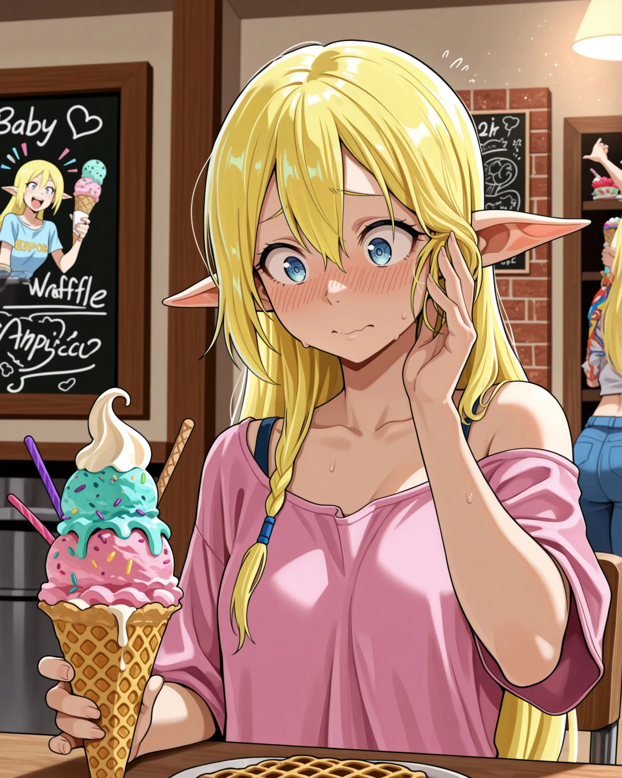 Tuka_Luna_Marceau, (1girl),
melting_ice_cream_cone, rainbow_sprinkles,
busy_dessert_stand, stacks_of_waffle_cones,
cone_topple, ice_cream_splat, frantic_hand_wave,
embarrassed_laughter,
bright_shop_lighting, ultra_detailed, masterpiece, slice_of_life_comedy, depth_of_field,
masterpiece, best quality, amazing quality ,intricate, detailed, <lora:Tuka_Luna_Marceau_Illustrious:1>