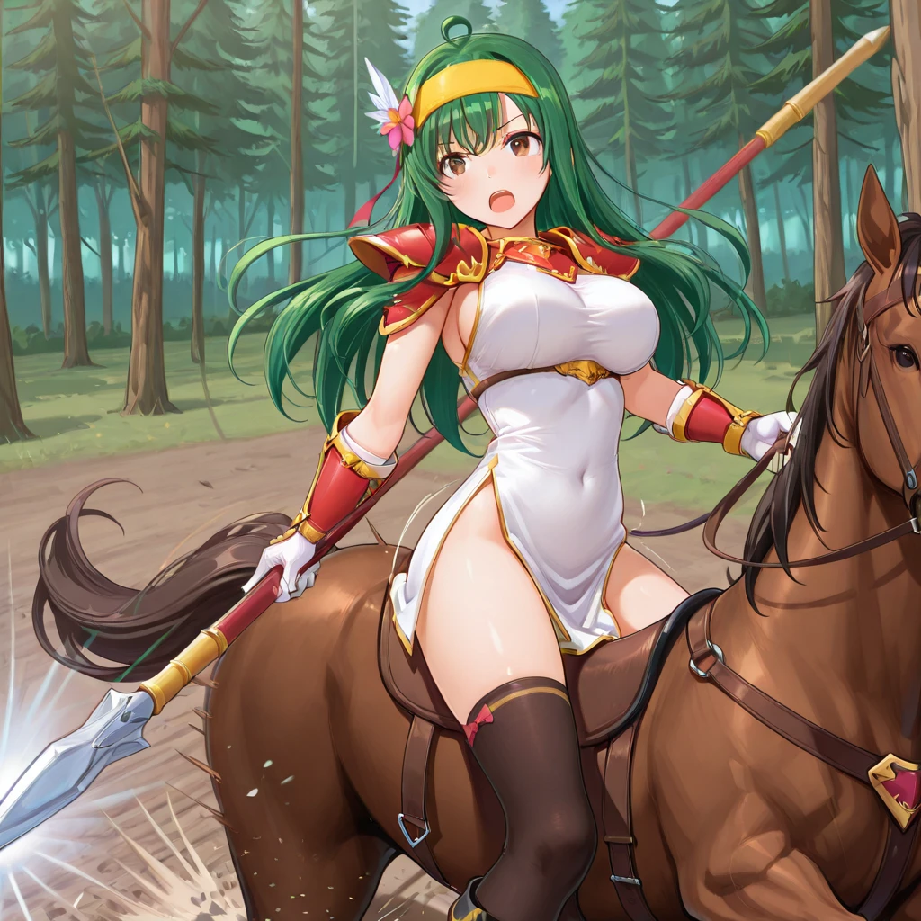 4k,High resolution,One Woman,Green Hair,Short Ponytail,Blue Eyes,Big Breasts,knight,White high leg leotard armor,Bite,Full Armor,Heavy Armor,White shoes,White gloves,Crystal Sword,in the forest