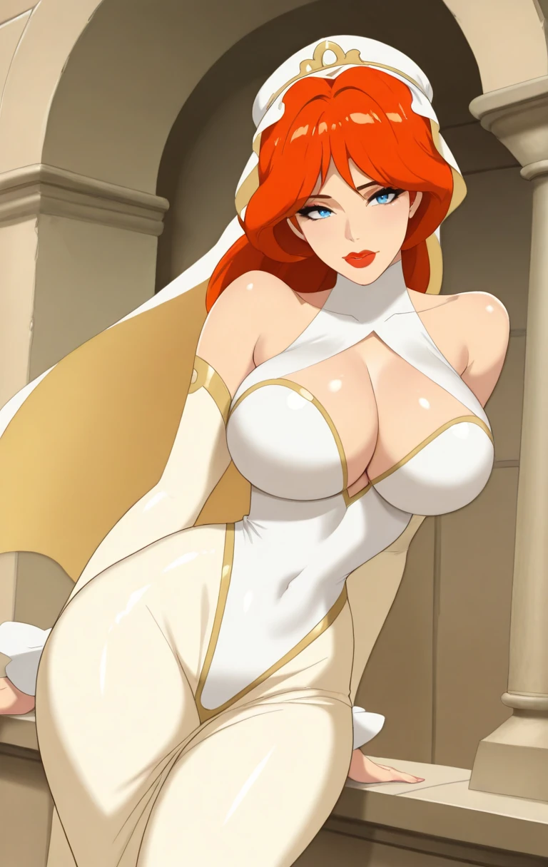 sorceress. sexy white robe, black panties, red hair, blank background, white background