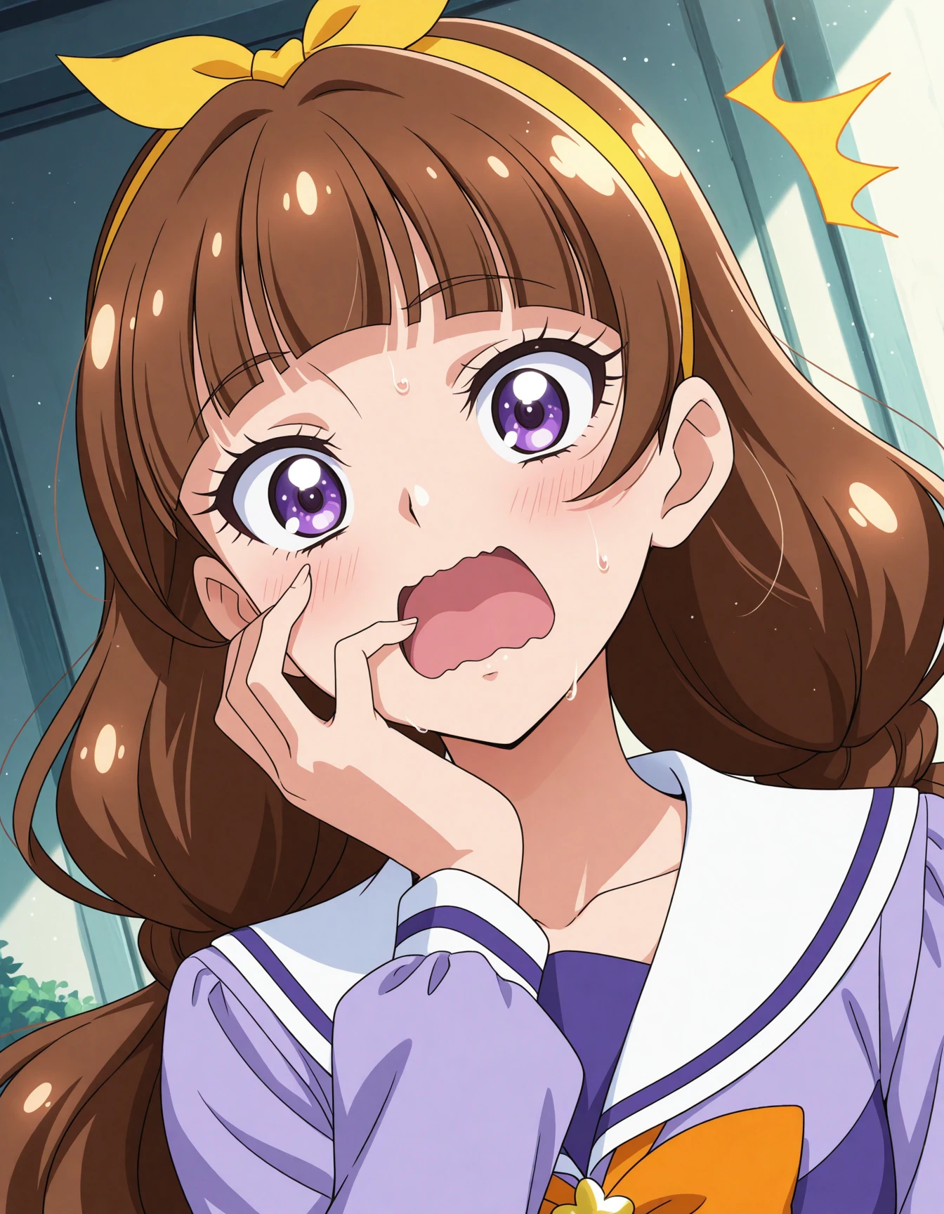 masterpiece, best quality, newest, absurdres, highres,anime screenshot,anime coloring,dappled sunlight,light particles, dutch angle,upper body, portrait,
1girl,amanogawa kirara, go! princess precure, brown hair, blunt bangs, low twintails, purple eyes, long hair, yellow hairband, school uniform, white sailor collar, orange bowtie,purple shirt, long sleeves,
looking at viewer,surprised,wavy mouth, open mouth,scream,large mouth,wide mouth,sweat, ^^^,hand on mouth,