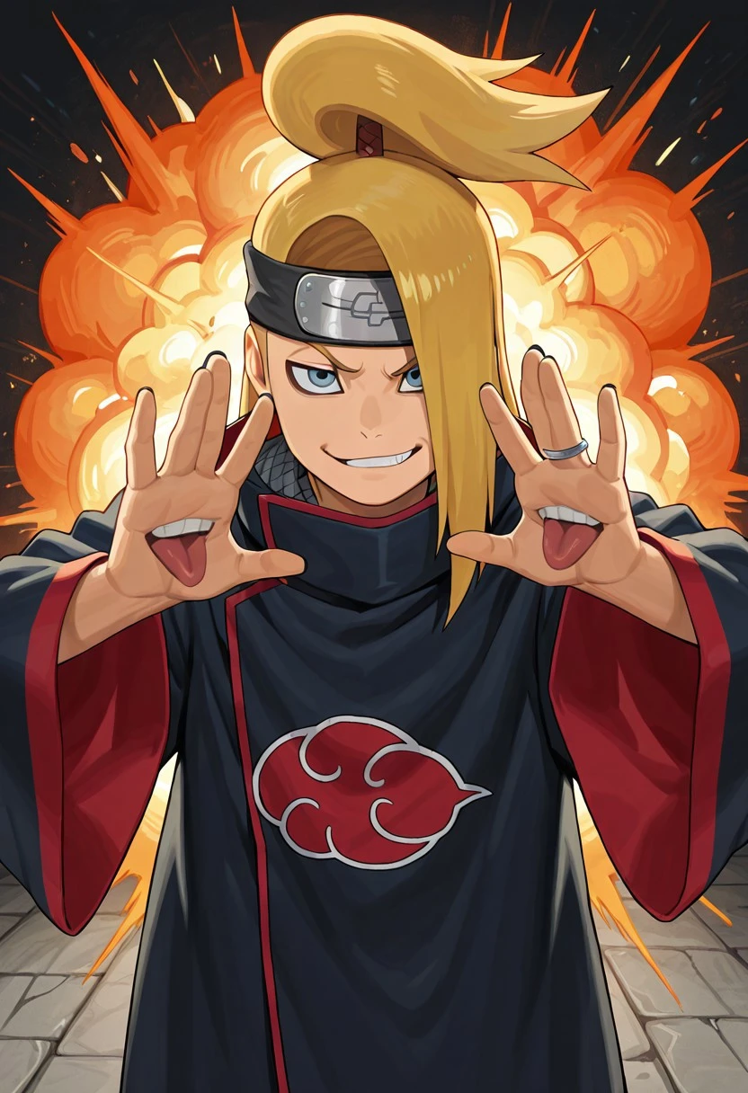 1boy, solo, male focus, cute boy, Deidara, Blonde Hair, Ponytail, Blue Eyes, Forehead Protector, Black Fingernails, Akatsuki Robe, ring, two fingers up pose, smug smile, explosion in background, masterpiece, best quality, amazing quality, very aesthetic, absurdres, newest, detailed background, masterpiece, best quality, amazing quality, very aesthetic, absurdres, very awa, smug, looking at viewer, perspective, eye scope