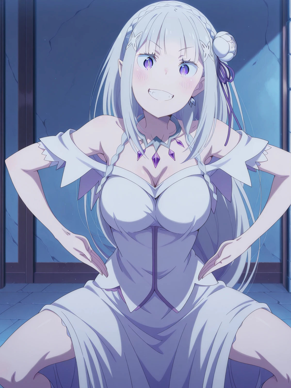 1girl, from below, looking down, ((horny)), hourglass figure, ((thick thighs)), (naked pussy), (huge breasts)), ((white tights)), (white lingerie), ((cum on face))