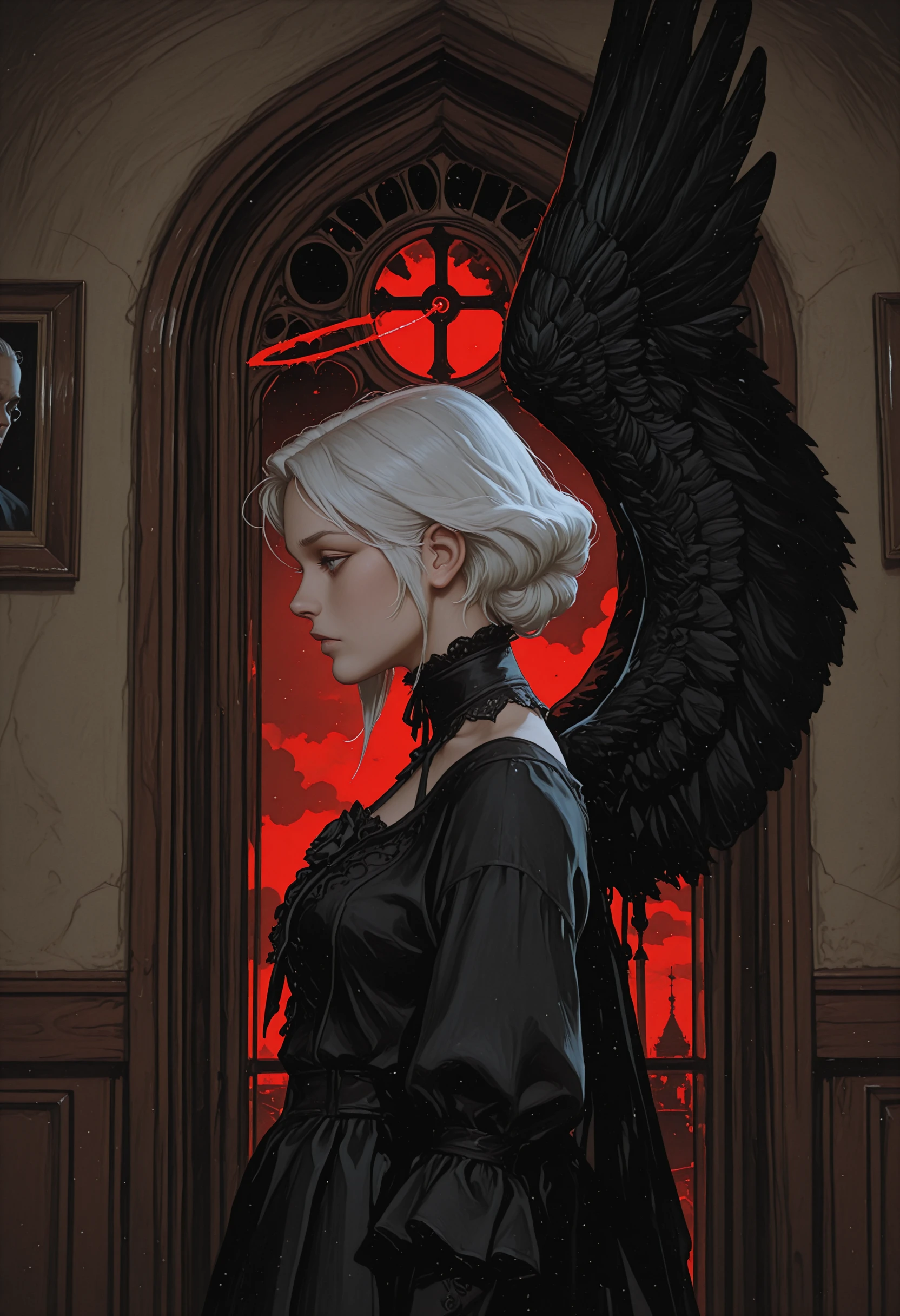 <lora:spooky:1.0>dark,grim,unsettling,feathered wings,petals,parted lips,ringodrawing,solo,necklace,1girl,jewelry,dress,wings,white wings,blue eyes,white hair,object request,angel wings,earrings,looking at viewer