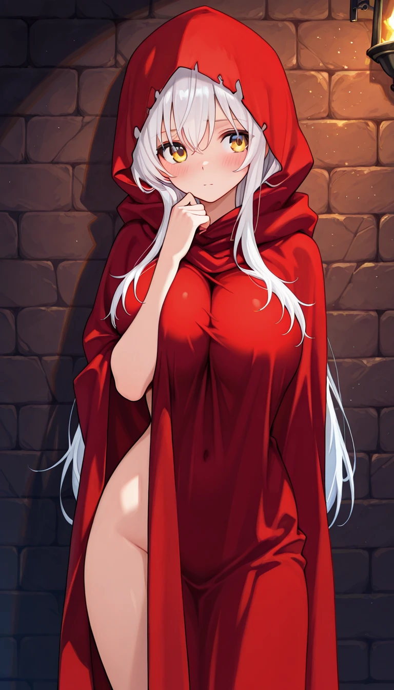 (My little pony), anthro, ((turquoise to white hair gradient)), white body, red eyes, medium breasts, red lips, perfect lines, beautiful quality, room, very shy, ((Mage robe)), radiant light, red stockings, white panties, cameltoe