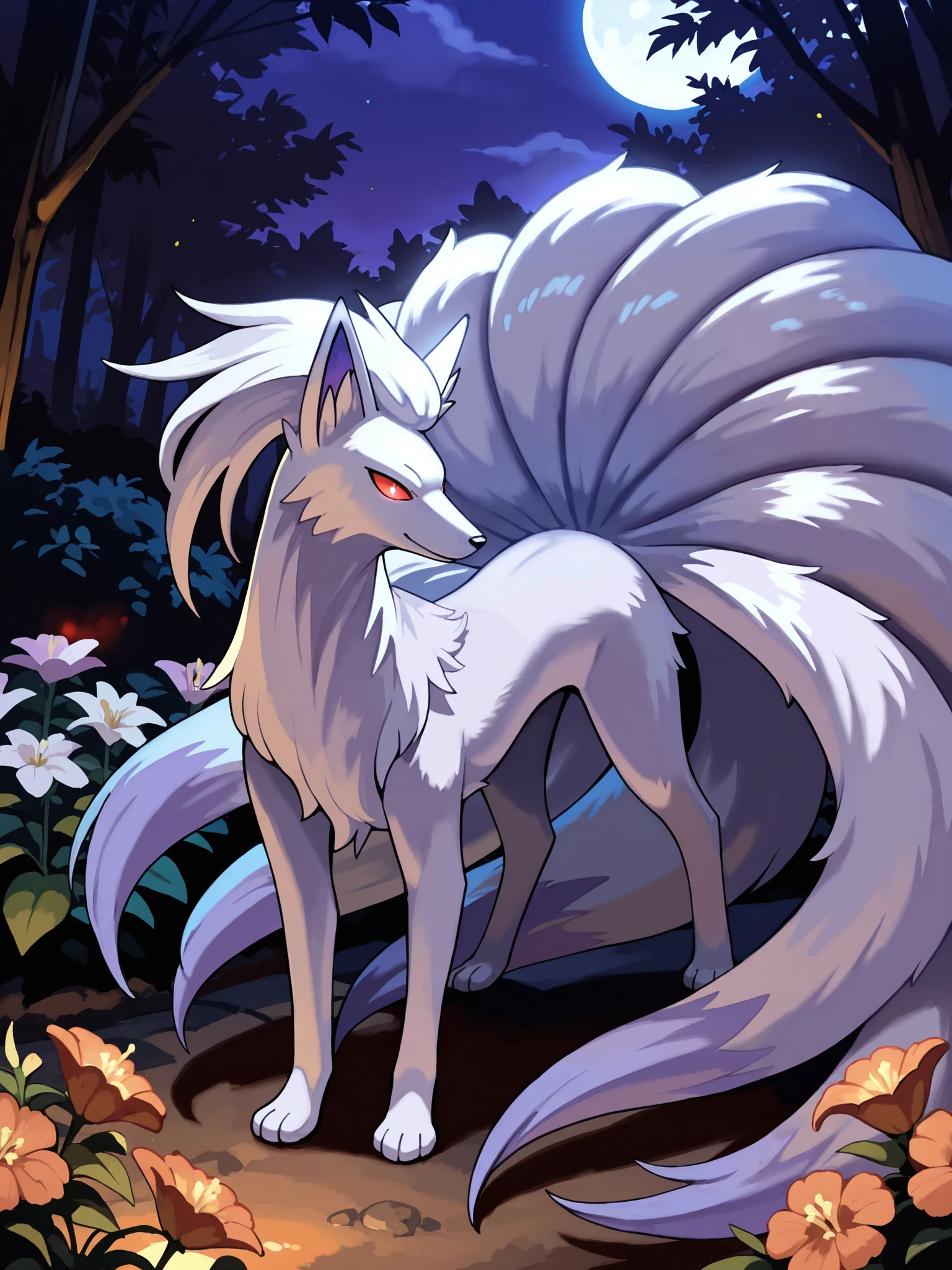 Full body shot of charcter portrait of a ((female)(feral1.4)ninetales), (tongue out), (white fur), (presenting(canine pussy) and ass), (mouth open), (big ass), (pussy dripping), playful look, night sky, moon), BREAK, (detailed background, depth of field, shadow, sunlight, ambient light on the body, backlighting), masterpiece, best quality, ultra realistic, 4k, 2k, (high detail:1.3), (3d \(artwork\):1.2), blender \(software\), soft focus, ray tracing, (unreal engine:1.3), absurd res