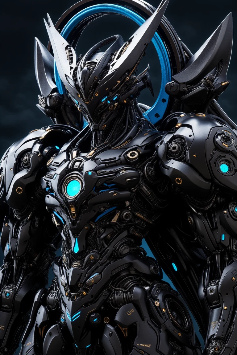 Black and blue mecha, closeup, High tech circular aura, side capes, flags