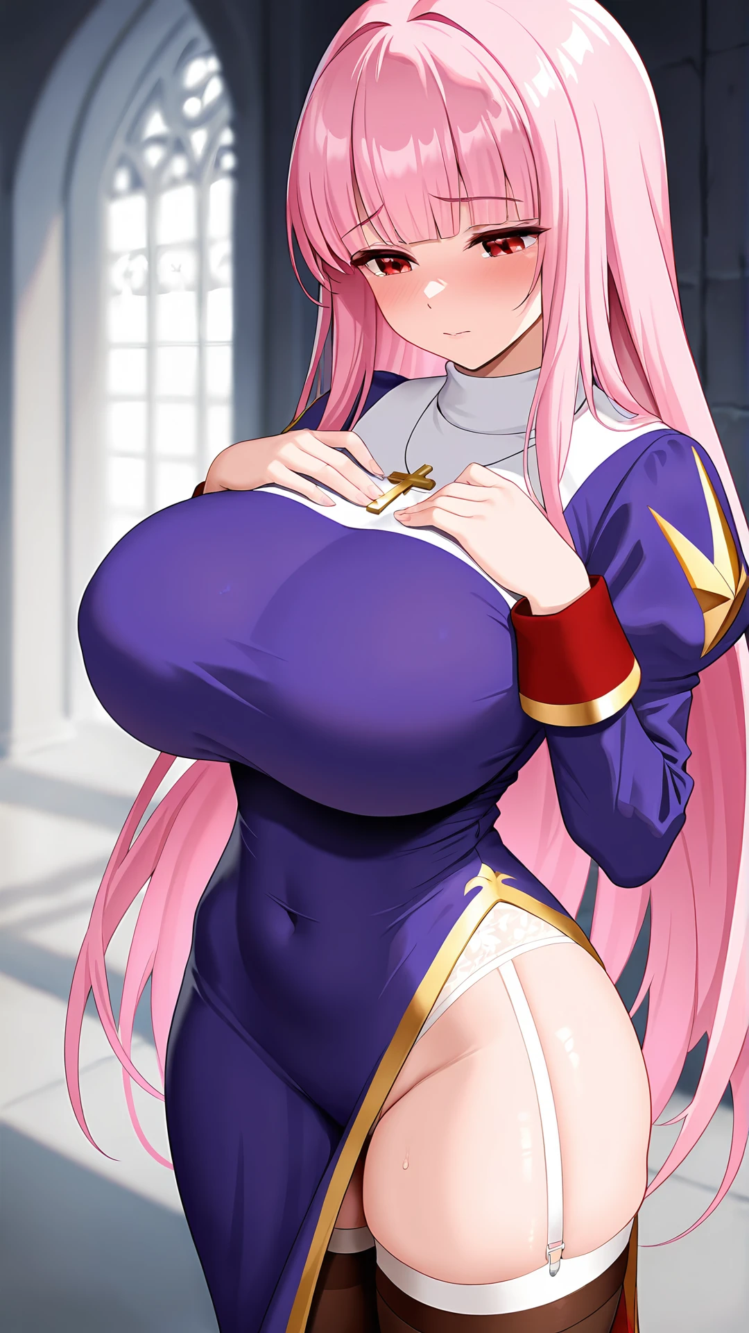 a masterpiece photo of 2 beautiful plump violet-haired girls with long curly hair, cyan haired girls, different hair colors, matching hairstyles, hazel eyes, big And round bust, matching uniforms, serious, flat color, same height, organized pose, matching beret, best quality, 4k, 8k, highres, masterpiece:1.2, ultra-detailed, realistic, photorealistic, photo-realistic:1.37, HDR, UHD, studio lighting, ultra-fine painting, sharp focus, physically-based rendering, extreme detail description, professional, vivid colors, bokeh