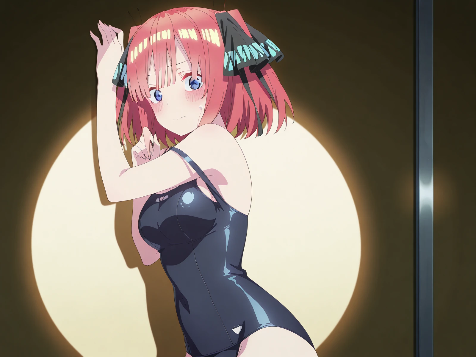 (masterpiece, best quality, ultra-detailed), (illustration), (beautiful detailed eyes), (1girl), (solo), nino nakano, breasts, high ponytail, leotard, bare legs, matching boots cowboy shot, smile, twirl, cyclone spinning, time travel
