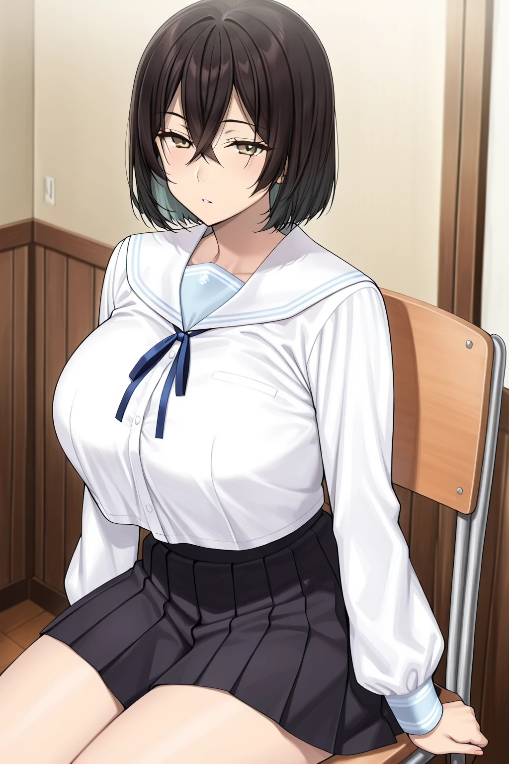 highest quality、High resolution、Detailed Background、(Beautiful face in every detail:1.4)、Anatomically correct、(Detailed facial expressions)、(Detailed eyes:1.2)、(Detailed eyes:1.2)、Teenage beauty、(Highly detailed face:1.4)、Black Hair、Brown Hair、well-groomed eyebrows、(Huge breasts:1.3)、ponytail、Bobcut、cute hairstyle、Perfect body line、Attractive upper arms、Very excited、Very embarrassed look、Crying face、Blushing、Attractive look、Highlight your attractive armpits、Poses that show off shoulders and arms、Chest where clothes are about to tear、Clothes that seem to be bursting、
(A girl posing with her armpits exposed, looking at the camera with a shy look on her face:1.5)、
School classroom、Sit at a desk、JK Uniform、White sleeveless blouse、Navy blue pleated mini skirt、White Pantyhose、cute