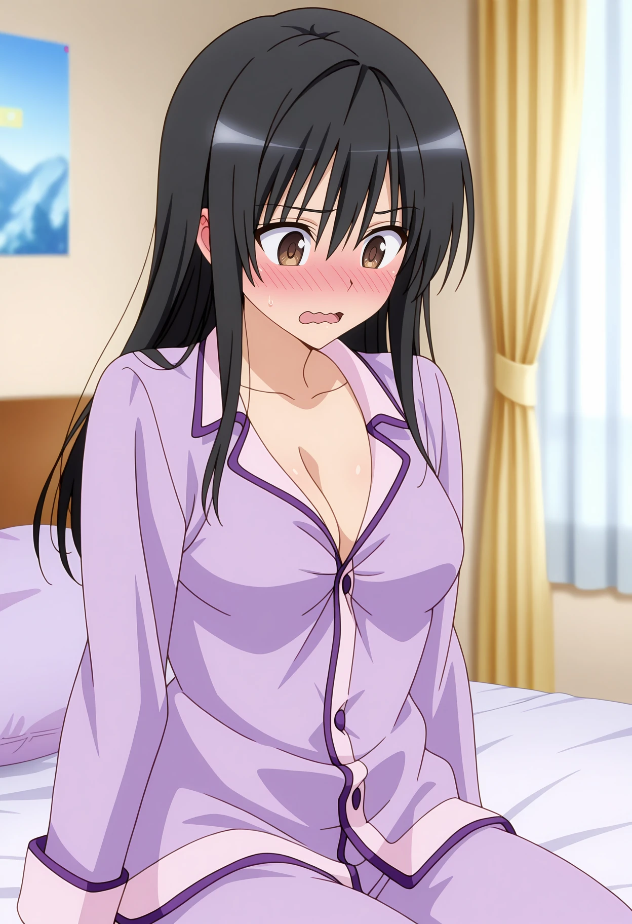score_9, score_8_up, score_7_up, source_anime, anime screencap, anime coloring, hayasenagatoro, hayase nagatoro, ((small breast)), ((stomach ache)), ((huge belly)), ((touch her stomach)), ((lying in a bed)), long hair, bangs, black hair, hair ornament, brown eyes, hairclip, fang, dark skin, dark-skinned female, tan, skirt, ((shirt unbuttoned)), ((white shirt unbuttoned)), pleated skirt, nail polish, blue skirt, red nails, earclip, looking at viewer, solo,