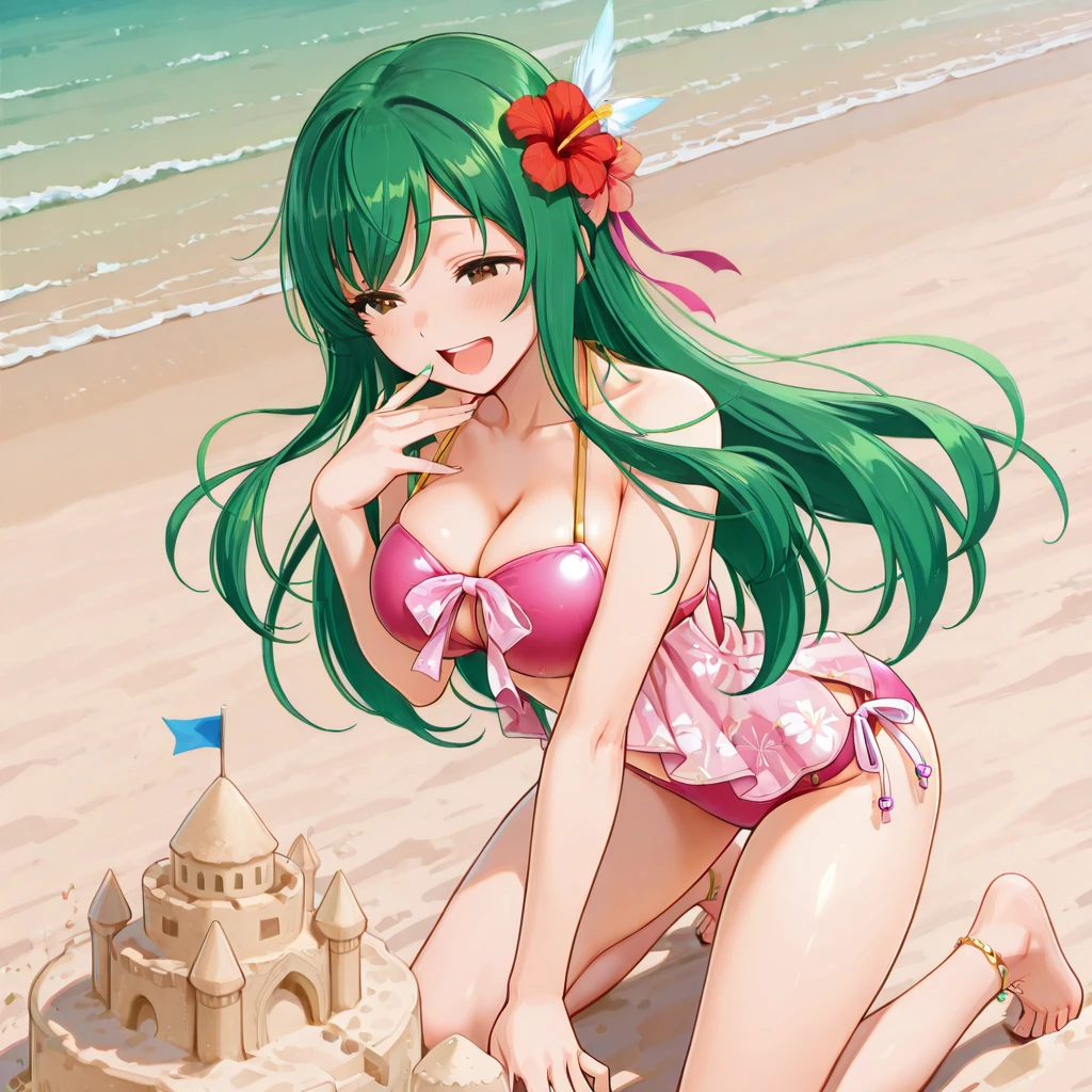 best quality, masterpiece, highres, detailed, perfect anatomy, <lora:Detail - add_detail:0.2> , TokohaV, long hair, green hair, orange eyes, sunglasses on head, beach, strapless shirt, pink skirt, high-waist skirt, white shirt, <lora:Tokoha:0.8>, frilled bikini, smile