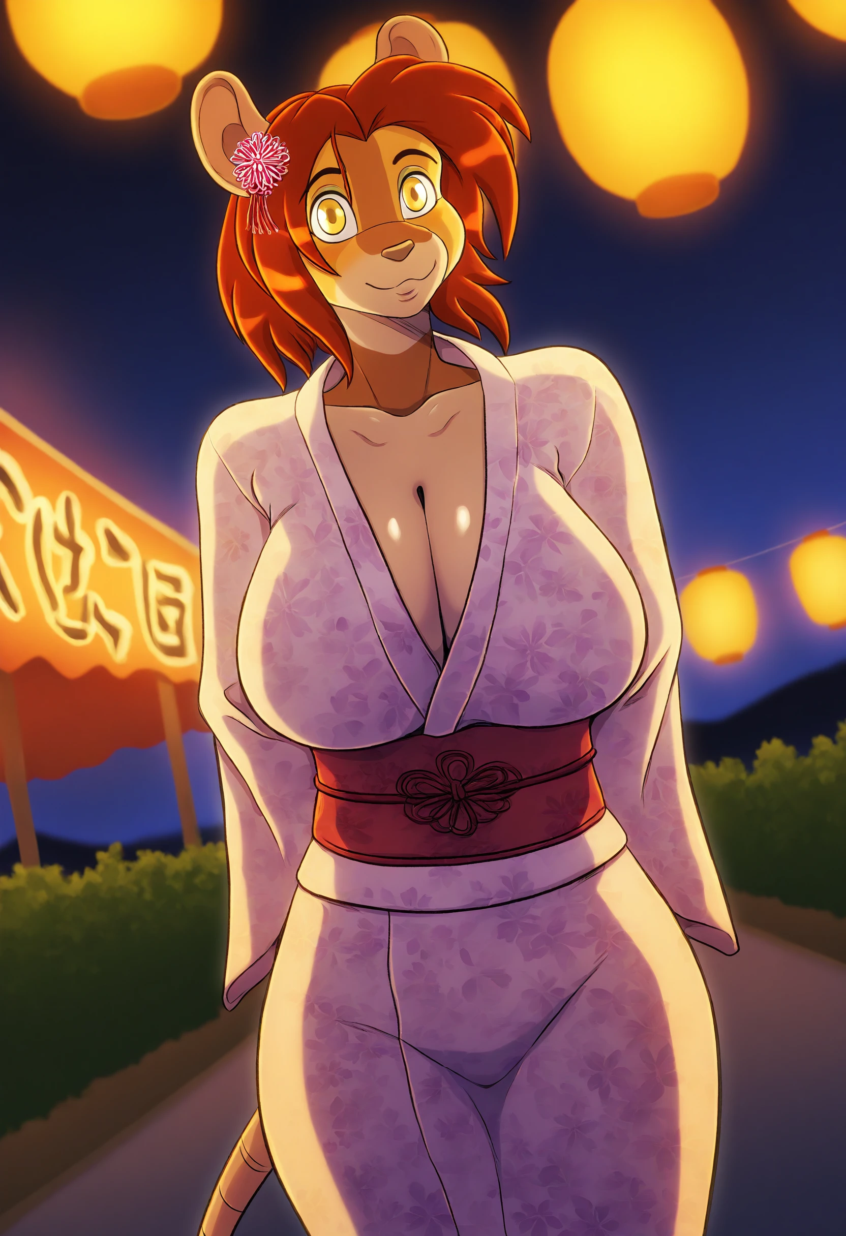 Beastars art style, beastars, Juno, brown wolf, she Wolf, 1girl, furry, long curly brown fur, slim figure, blue eyes, wide hips, Big breasts, kimono, cleavage, night time, festival, moon