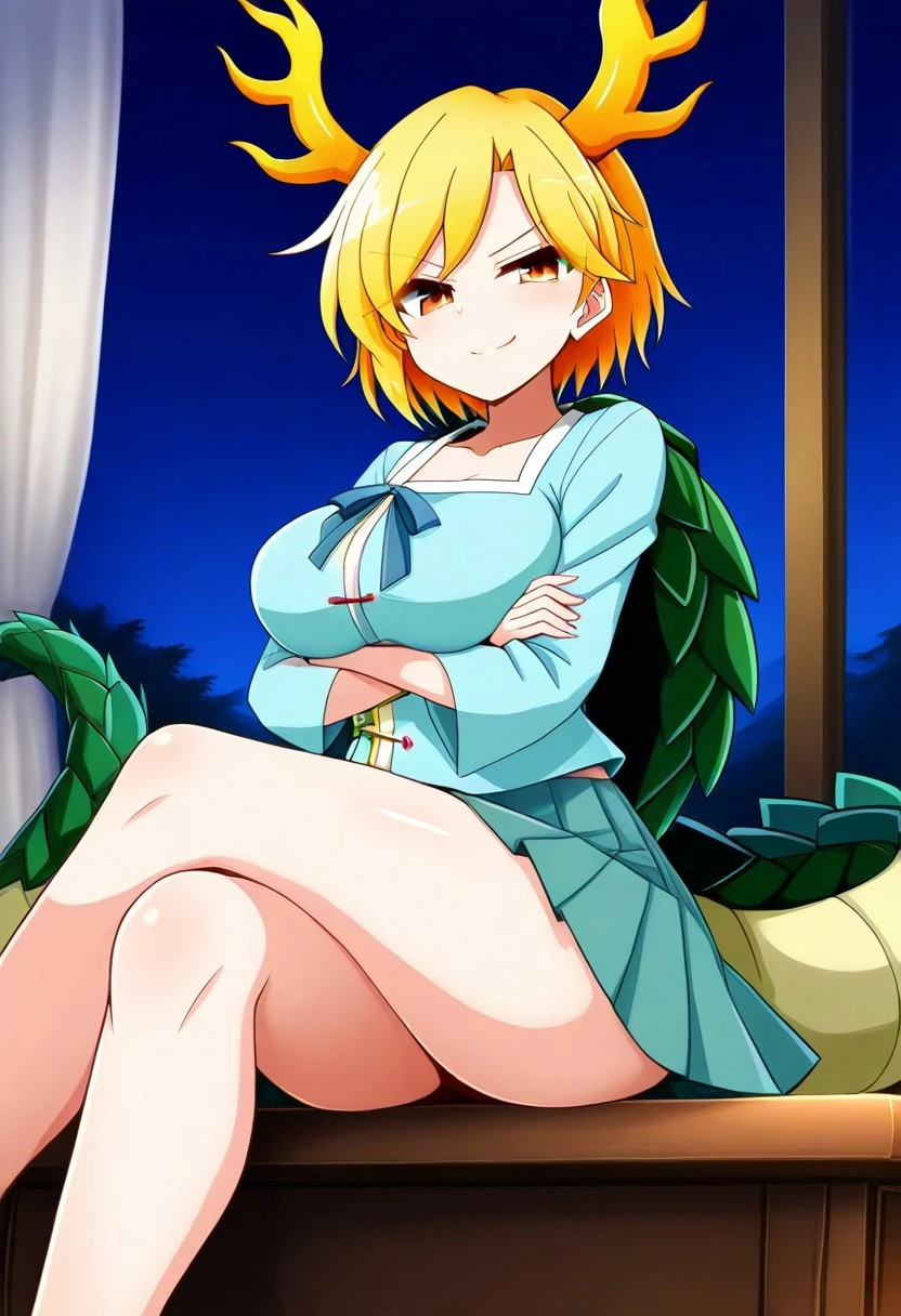 rindou style, ((inside)), ((Japanese room)), ((window)), ((night)), smirk, ((large breasts)), looking at viewer, ((sitting on table)), ((crossed legs)), ((crossed arms)), kicchou yachie, 1girl, solo, brown eyes, blonde hair, short hair, dragon horns, dragon tail, turtle shell, blue shirt, long sleeves, aqua skirt, pleated skirt, ((pov)), ((sexy))