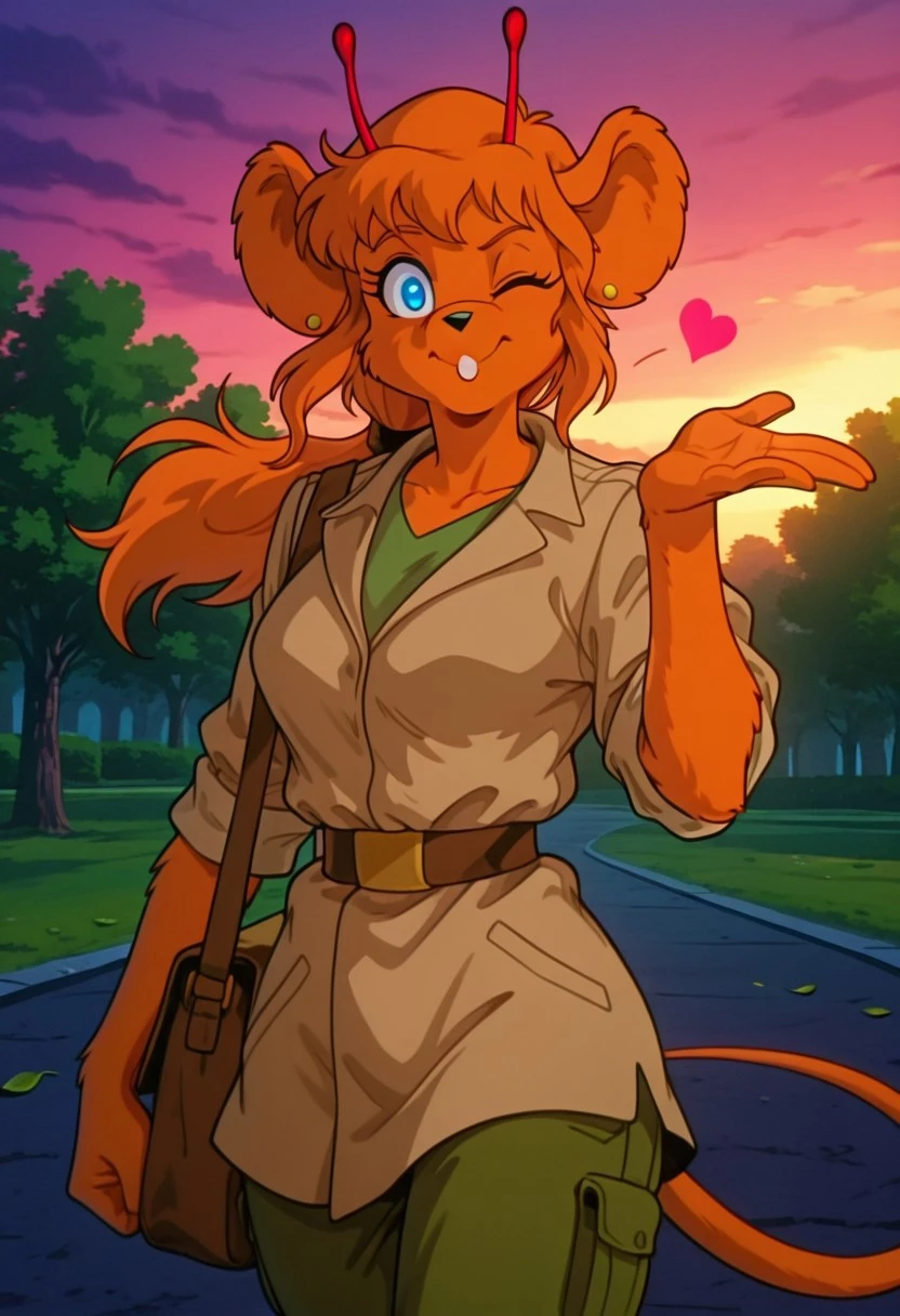HarleyBMfM, 1girl, solo, furry female, anthro, mouse, animal ears, ear piercing, red antennae, orange fur, orange hair, long hair, ponytail, bangs, blue eyes, black snout, teeth, incisors, large breast, thick thighs, mouse tail, beige jacket, rolled up sleeves, green shirt, belt, green pants, knee pads, pockets, boots, shoulder bag,
masterpiece, best quality, fine details, intricate details, depth of field, subsurface scattering, bokeh, ultra-detailed, very aesthetic, detailed background, newest, scenery, highres, absurdres, colorful, vibrant, glowing, perfect face, 2d, perfect eyes, vibrant saturated colors, volumetric lighting, sharp, detailed eyes, perfect anatomy, perfect face, perfect eyes, mature body, clear eyes, beautiful eyes, athletic, curvy body, athletic girl, perky tits, perfect tits, round breasts, pinup pose, teasing, lustful expression, perfect hands,
muscular female, dutch angle, dynamic pose,
upper body, walking, posh, waving at viewer, head tilt, hand up, shiny pupils, looking at viewer, facing viewer, smile, blowing kiss, puckered lips, heart, one eye closed, o3o, park, wind, long winding trail, falling leaves, sunset
,Smooth Negative, Smooth_Quality,
dark_fantasy_style, dark fantasy, retro,