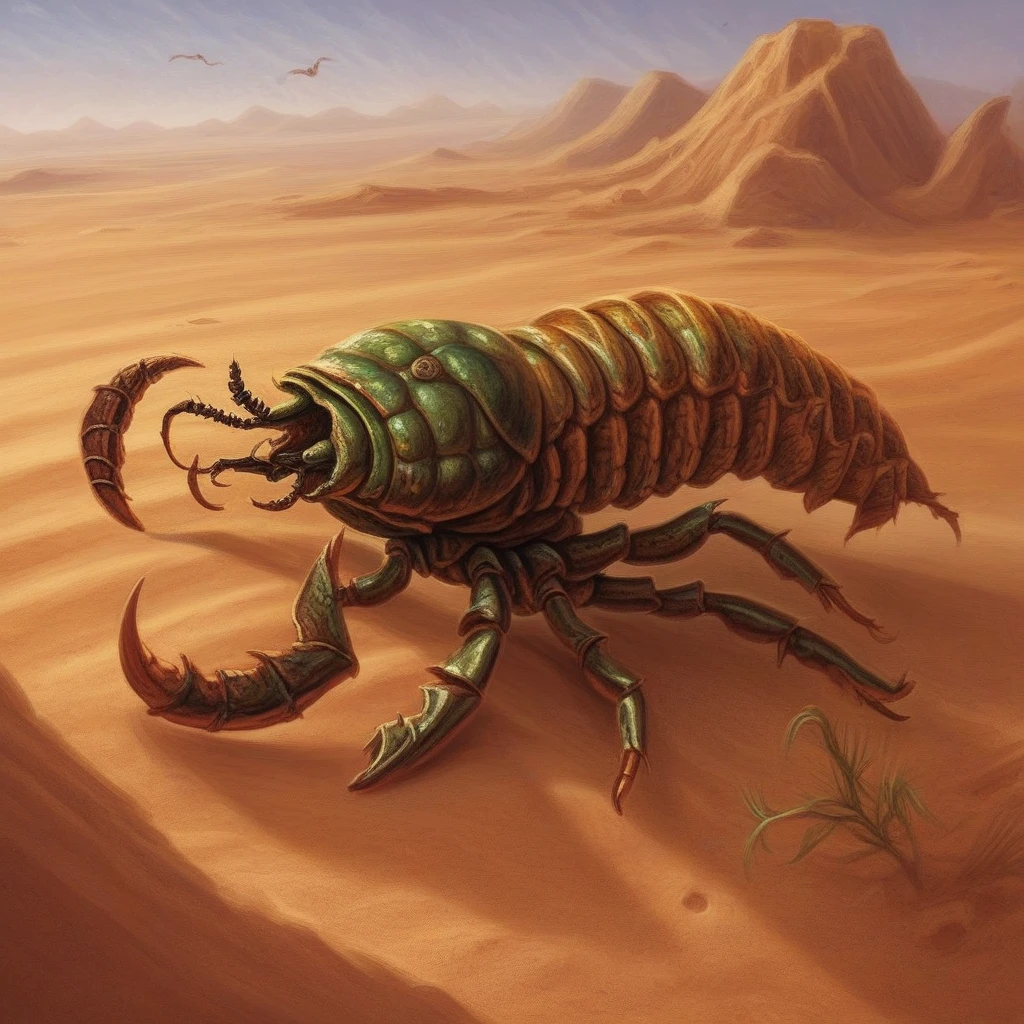Fantasy card art of an insect scorpion in the desert