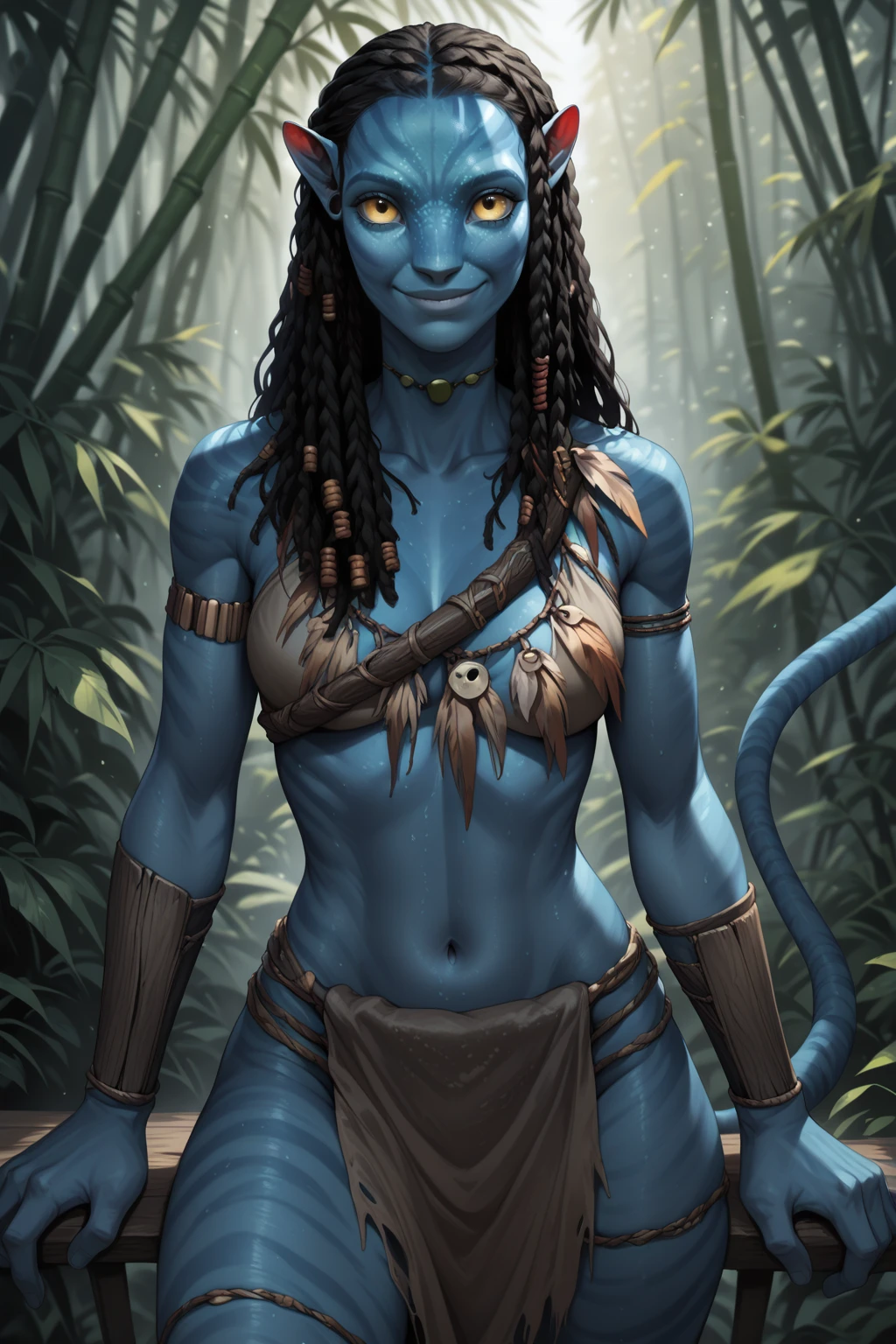 hdr, z03saldana, blue skin, looking at camera, serious, glowing eyes, wearing tribal clothing, fighting pose, outdoors, jungle, bright lighting, <lora:Zoe_saldana-v1:1>, <lora:AllOutNa'vi_V1:.6>