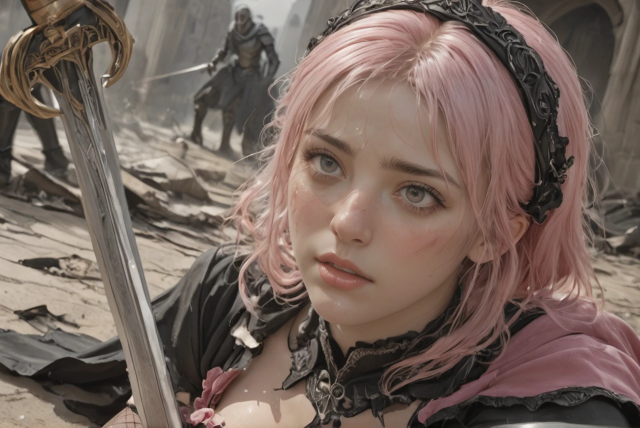 a girl and male knights are fighting in duel. girl is in gothic dress and holding rapier sword. many male medieval knight in full plate armor and helmet attack assault. <lora:scamy_ni_32_2e4-000002:0.7> scamy, pink gothic dress, cape, fishnets pantyhose, rapier sword, torn cloth,, in destroyed england ruin, girl portrait face close-up standing